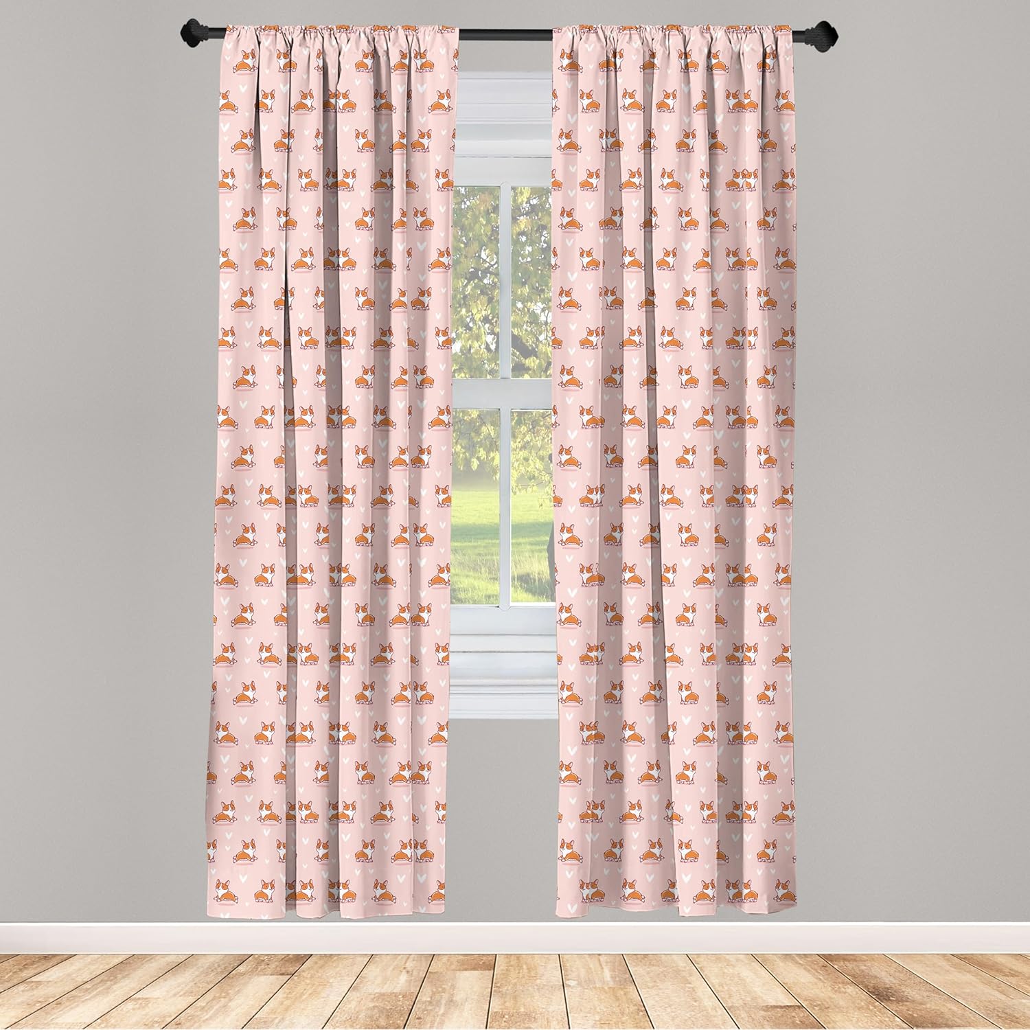 Ambesonne Dog Lover Window Curtains, Little Corgi Jumping Running and Standing Cartoon Hearts Background, Lightweight Decor 2-Panel Set with Rod Pocket, Pair of - 28" x 95", Orange White