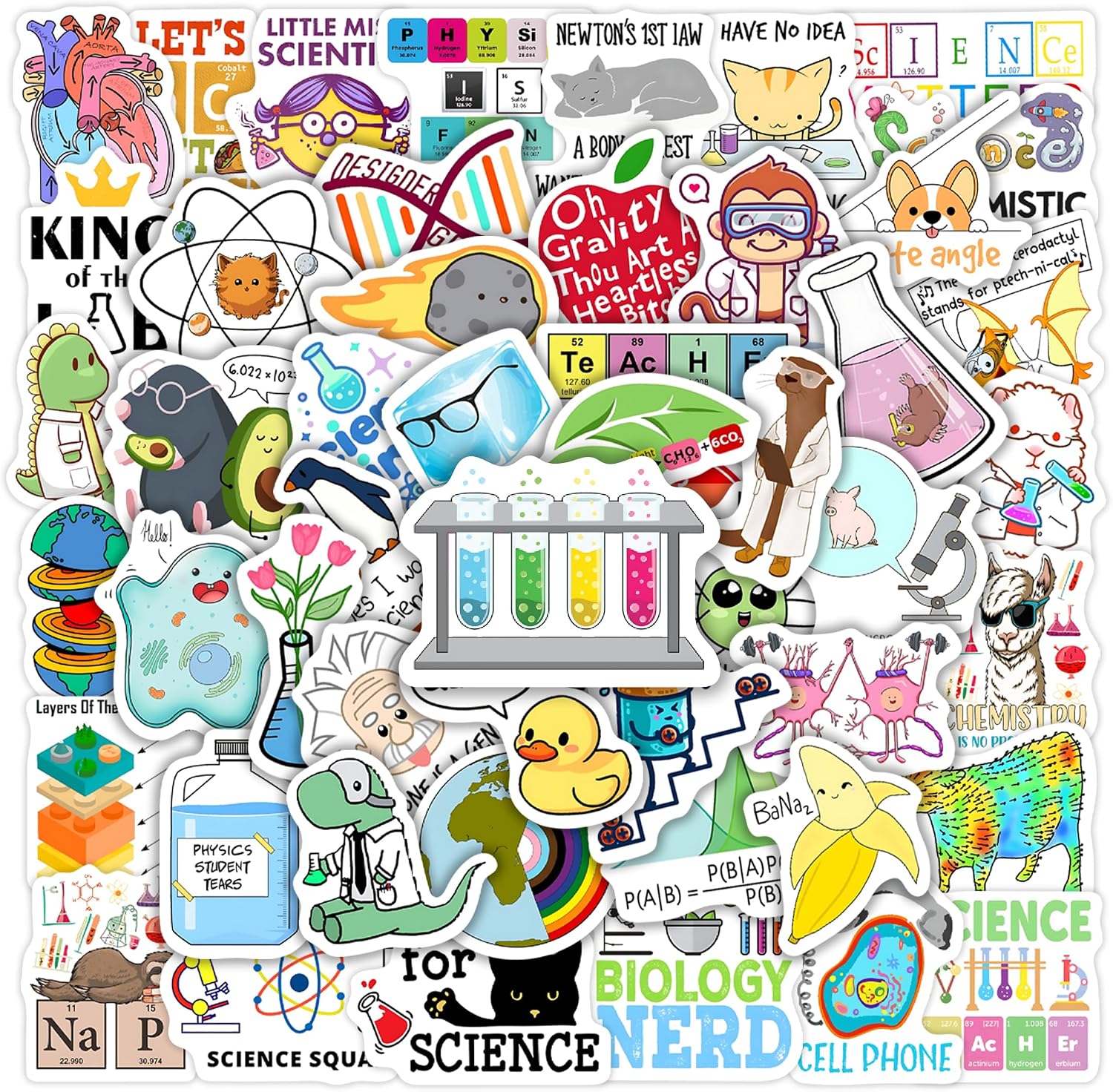 60 Pcs Funny Science Stickers for Water Bottle, Physics Chemistry Biology Natural Lab Laptop Decals, Waterproof Vinyl Adults Teachers Students Phone Case Skateboard Luggage Decor