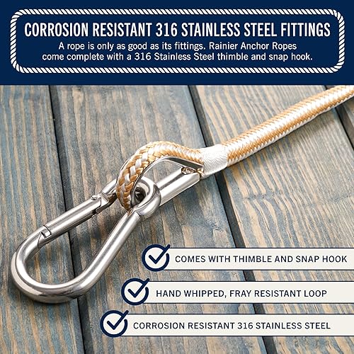 Miniatura 40 de RainierSupplyCo - Cuerda de anclaje para barco, cuerda marina de doble trenzada, línea de anclaje de cuerda marina de 100/150/200/300 pies con dedal