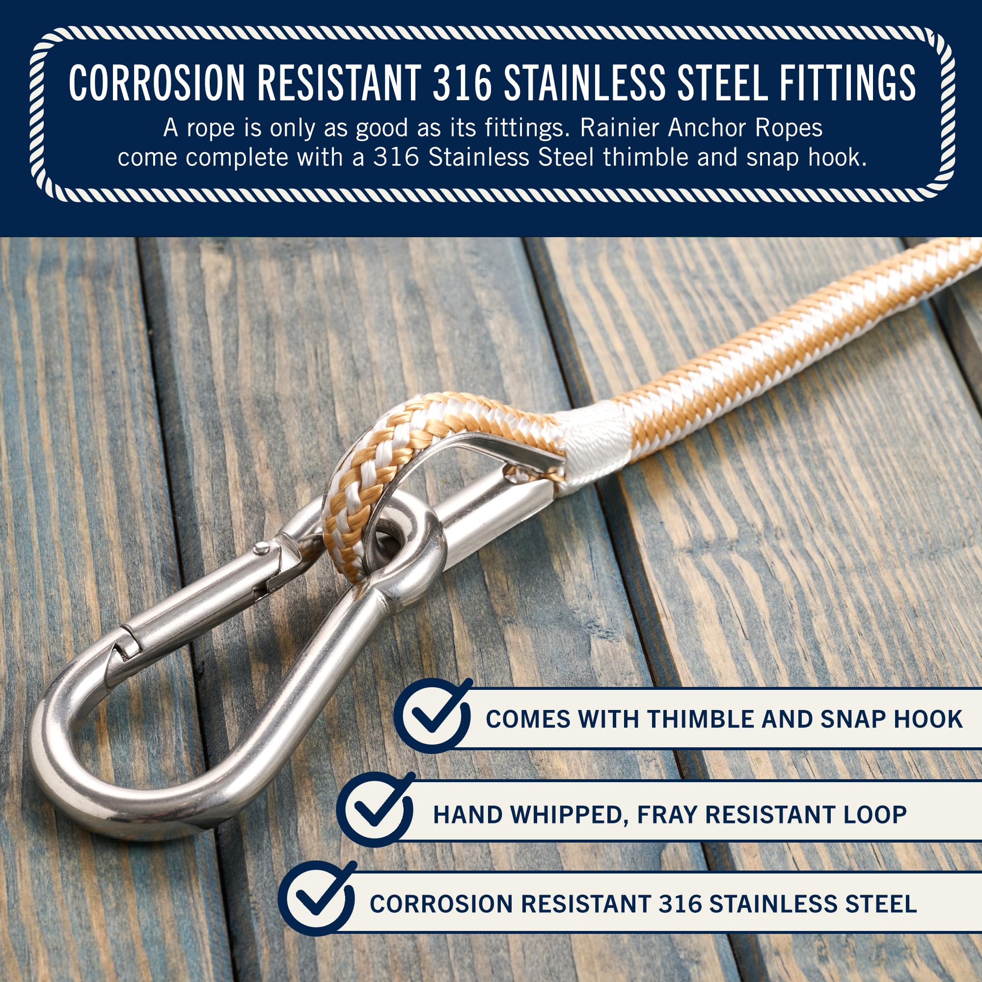 Corde Ancrage Bateau Rainier Supply - 30m Nylon Tressé Avec Mousqueton Acier Inox 316