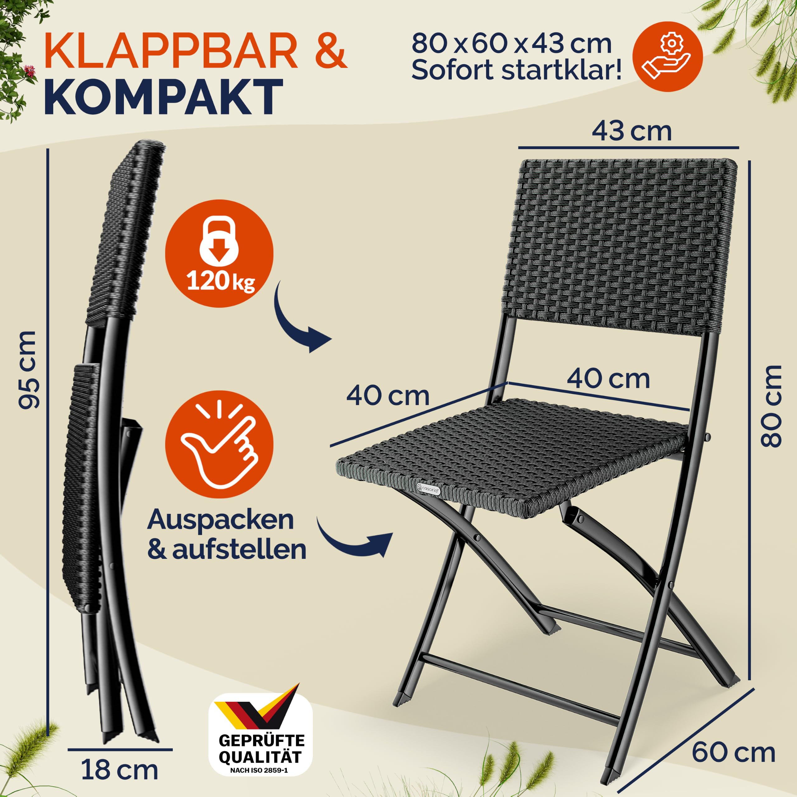 Casaria Chaise Pliante en polyrotin Set de 2 Charge Max. 120 kg Légère Résistante aux intempéries Jardin Terrasse Balcon Camping Chaise