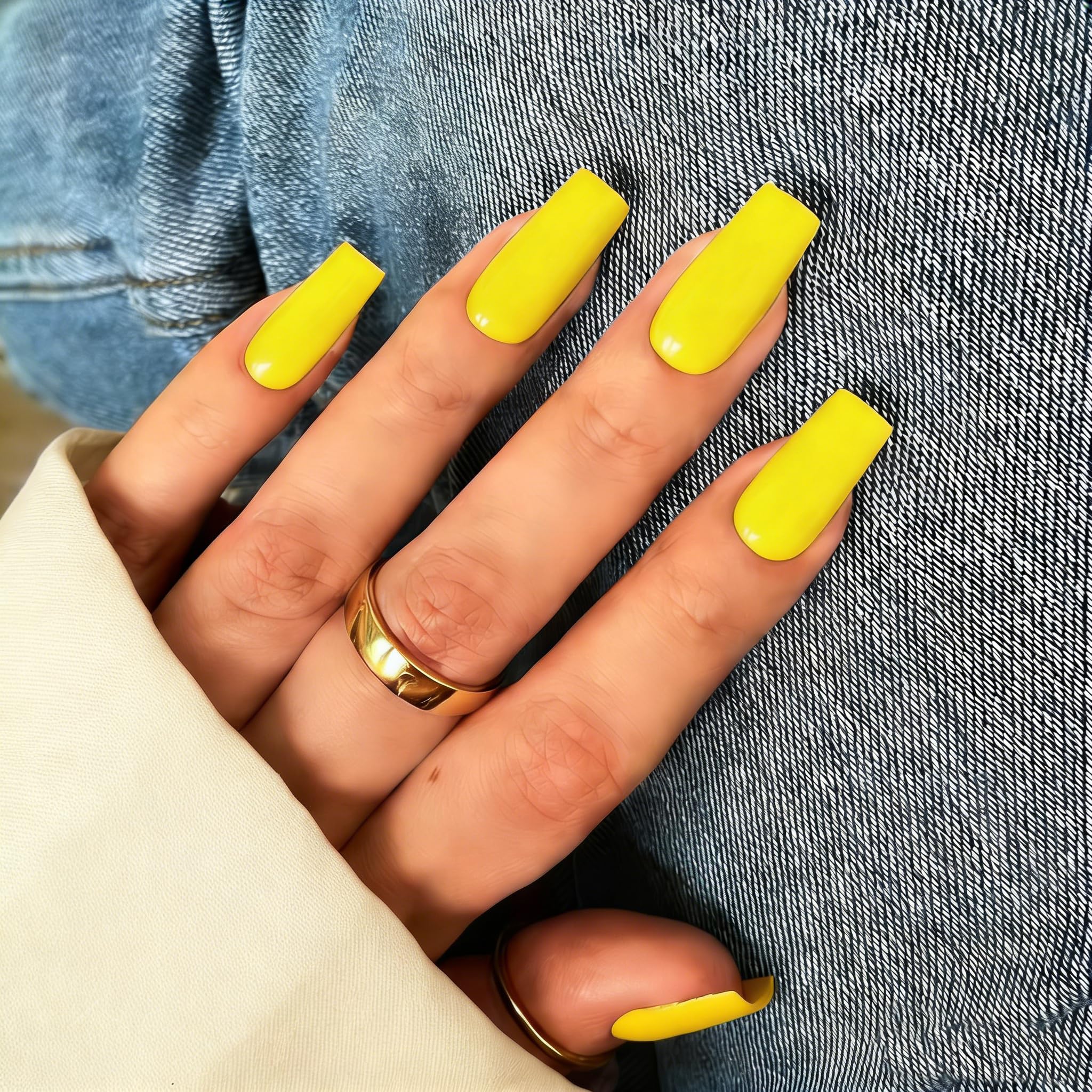 KQueenest Press On Nails Lange Mittel Eckig, Sarg Nägel zum Aufkleben Gelb, Glänzende Jelly-Gel Fake Nails Fingernägel zum aufkleben Ballerina, Einfarbig Acryl Kunstnägel für Frauen, 24 Stück