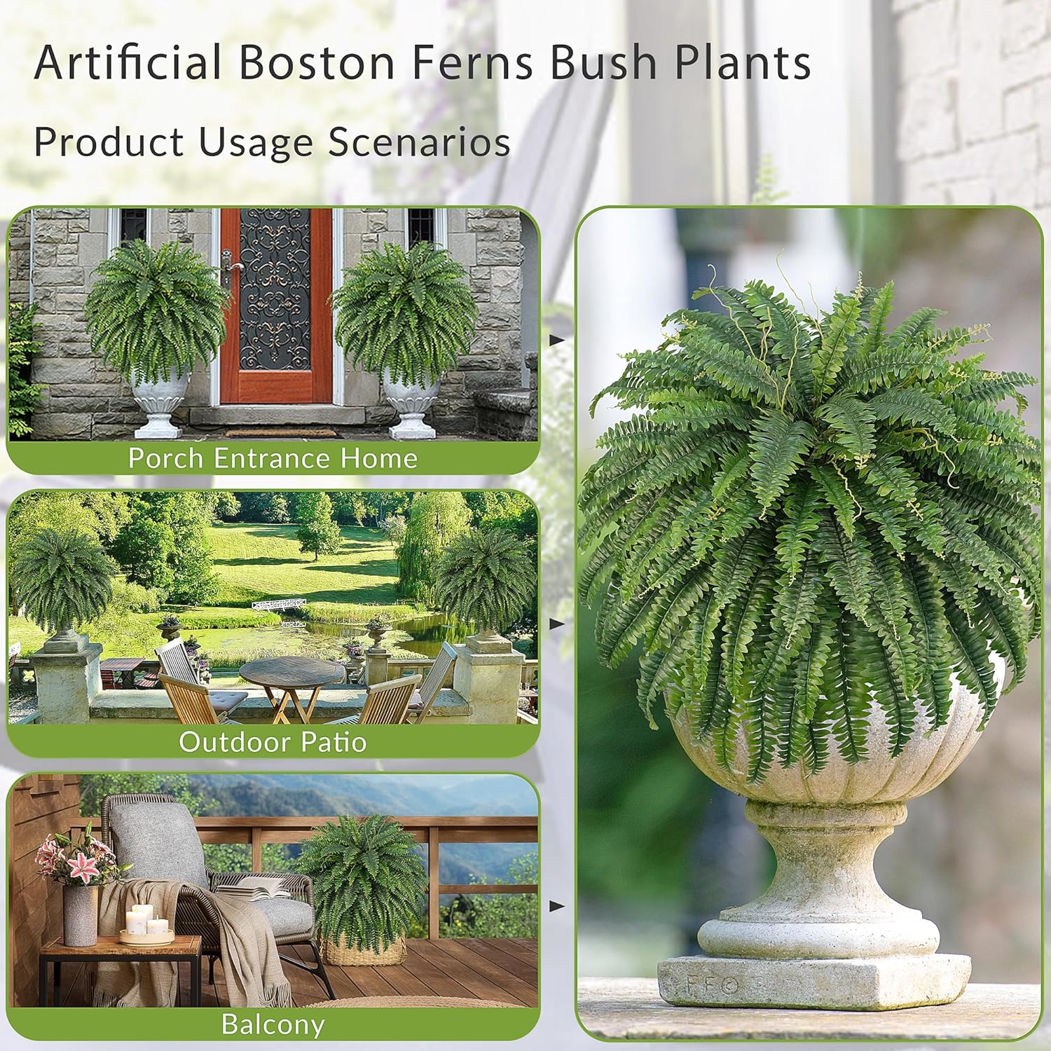 50" Artificial Boston Ferns, Fake Bush Plants, Large Faux Ferns with 96 Fronds for Outdoors Home Decor - Image 5