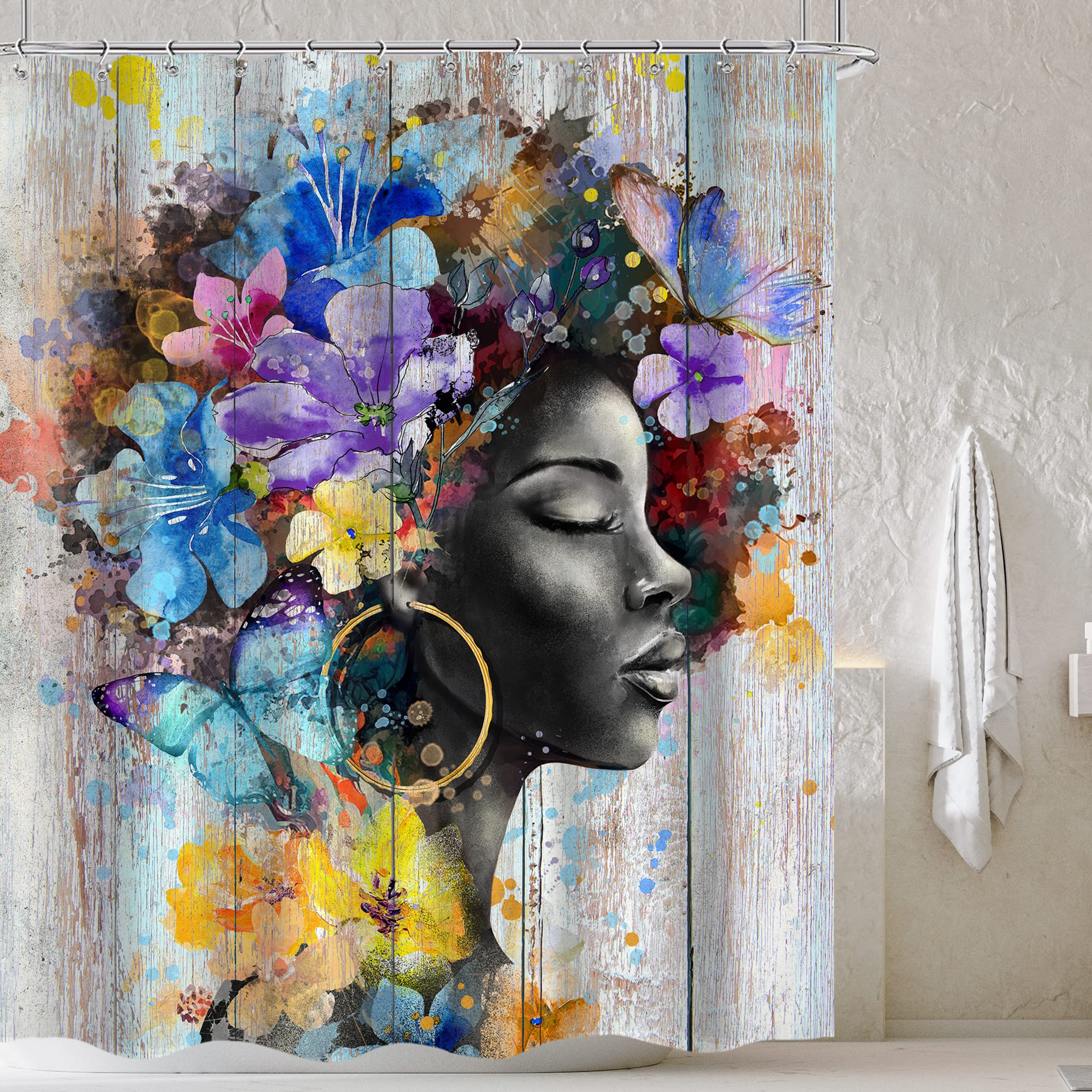 Cinbloo Black Girl 72Wx72H Shower Curtain African American Rustic Wooden Flower Butterfly Afro Woman Bathroom Curtain Set Colorful Bath Curtain Cloth Fabric Bathroom Accessories Decor with 12 Hooks