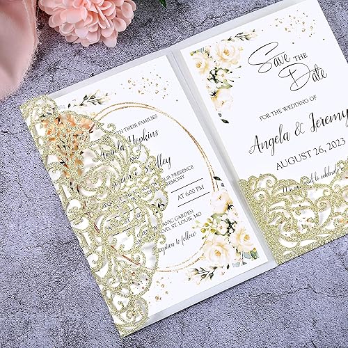 Miniatura 2 de DORIS HOME 50 piezas de oro con purpurina personalizada de 4.7 x 7 pulgadas, kit de invitación de boda con bolsillo de rosa hueca cortada con láser,