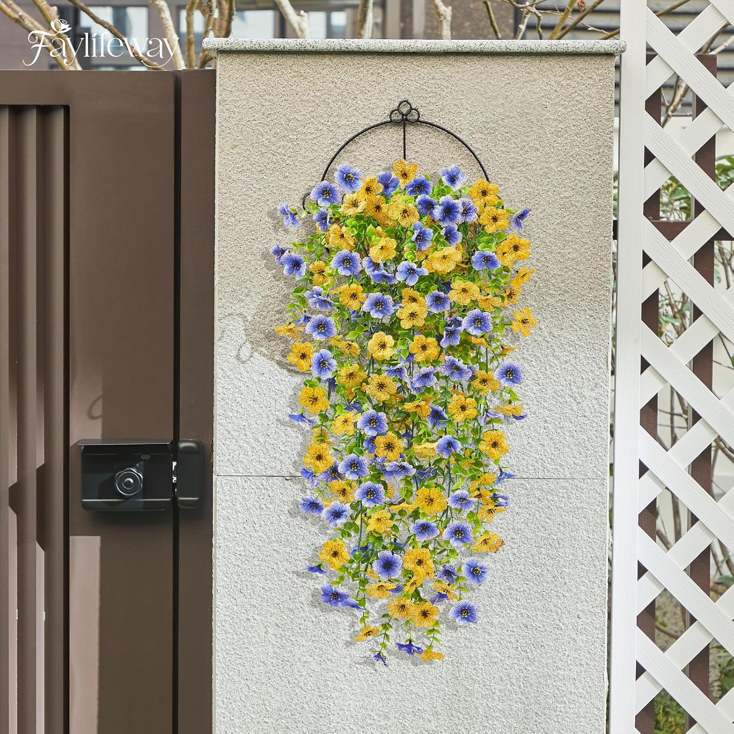 Artificial Hanging Flowers for Outdoors Spring Summer Decoration, 4PCS UV Resistant Silk Fake Hanging Plants for Patio Porch Front Yard Window Garden Indoor Decor(Blue&Yellow,4PCS)