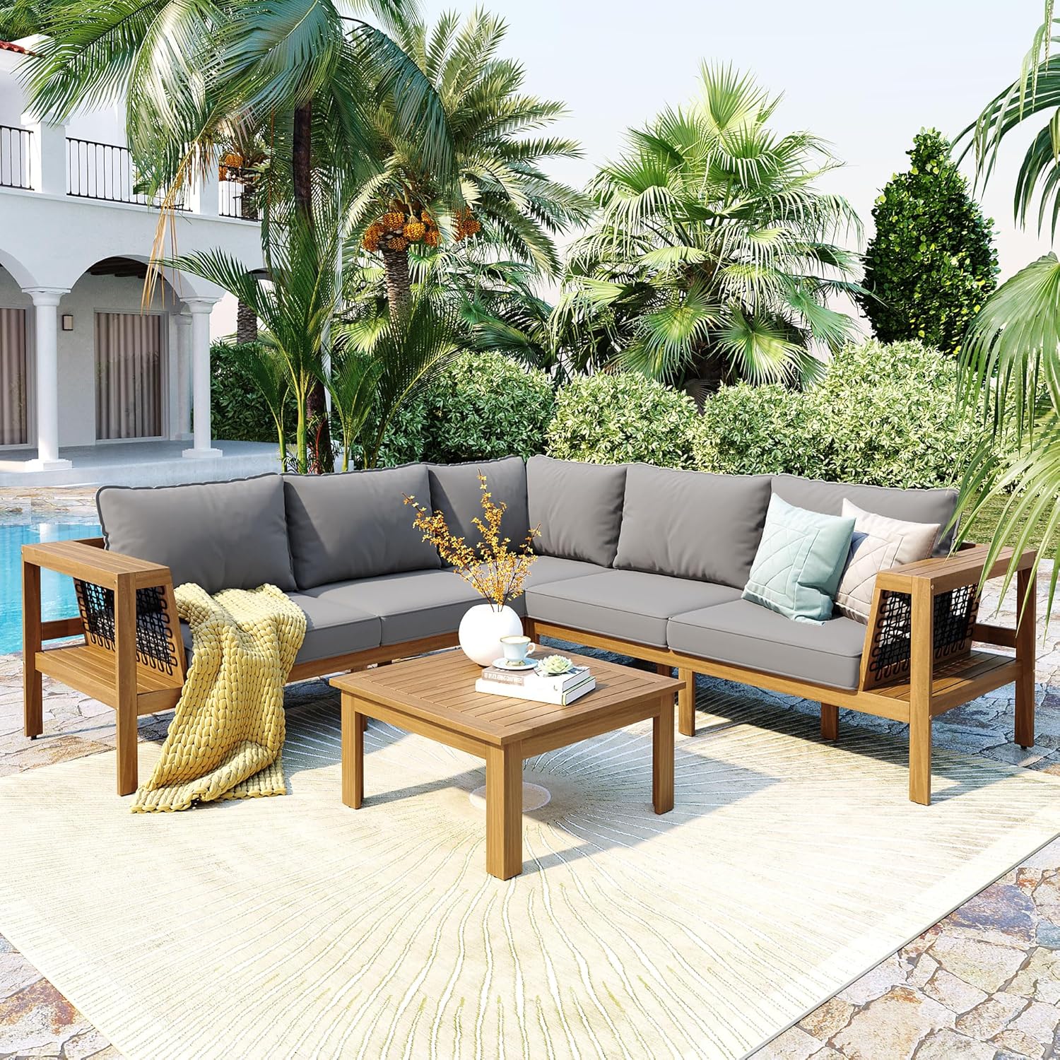 Quarte 4 Pieces Outdoor Acacia Wood Sofa Set, L-Shaped Patio Furniture Sofa Set with Coffee Table and Side Table, Outdoor Conversation Set for Deck, Poolside, Balcony (Gray,Natural)