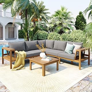 Merax 4 Pieces Patio Furniture Set, Outdoor L-Shaped Sectional Sofa Set with Coffee Table, Acacia Wood Conversation Seating & Thick Cushions and Side Table, for Backyard, Garden and Poolside, Grey