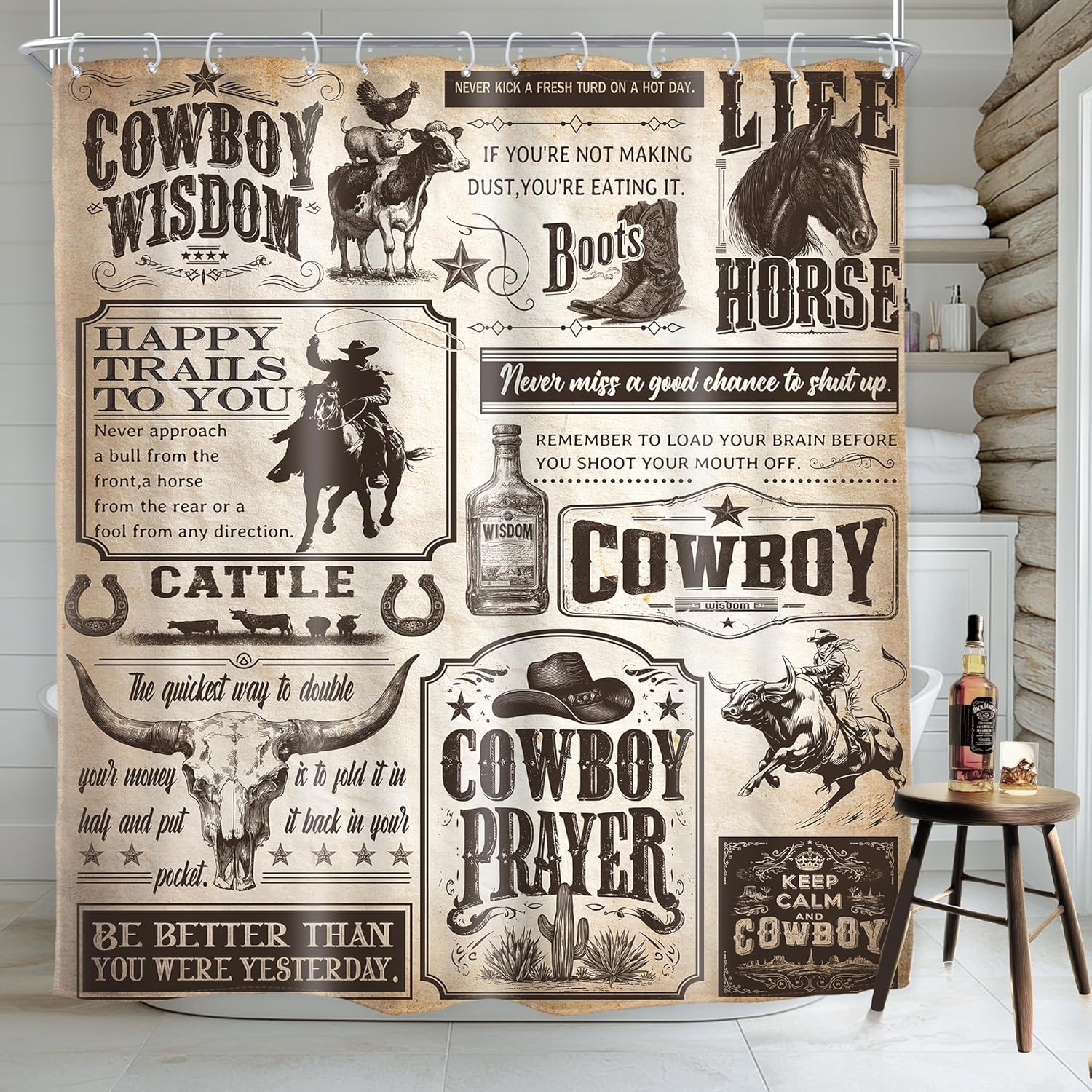 AMBZEK Western Country Cowboy 4Pcs Shower Curtain Sets 72Wx72L Inch Rustic West Cactus Bull Skull Inspirational Words Artwork Cloth Fabric Waterproof Polyester Bathroom Decor Set with 12 Pack Hooks