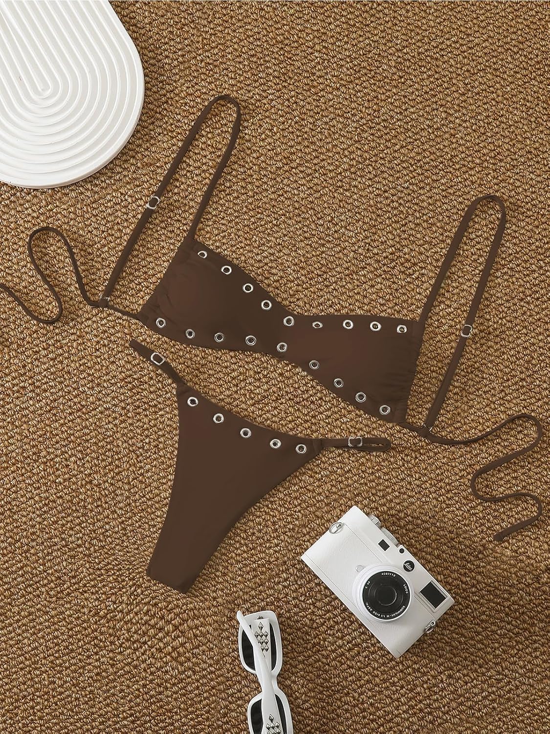 YELAIVP Women's Grommet Eyelet Bikini Sexy Micro Bikini Sets Push Up Tie Swimwear Cheeky Brazilian Thong Y2k Goth Swimsuit