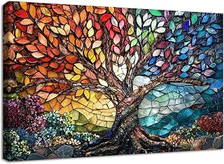 Wooden Framed Canvas Wall Art Colorful Gemstone Glass Tree of Life Paint...