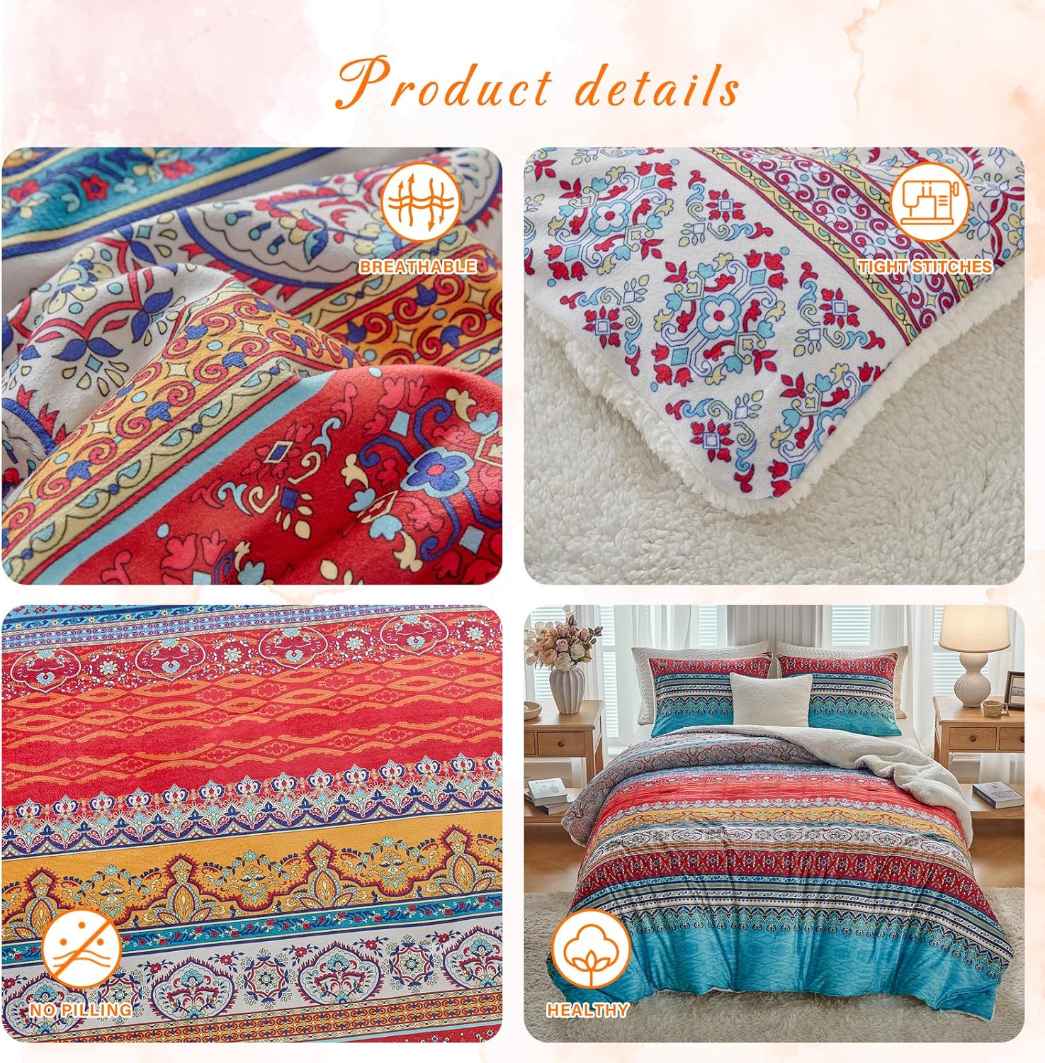 Tititada 3 Pieces Thick Flannel Bohemian Blanket with 2 Shams King Size Warm for Winter, Boho Striped 3-Layer Elegant Flannel Sherpa Blanket Set with Soft Microfiber (King, Blue n Red)