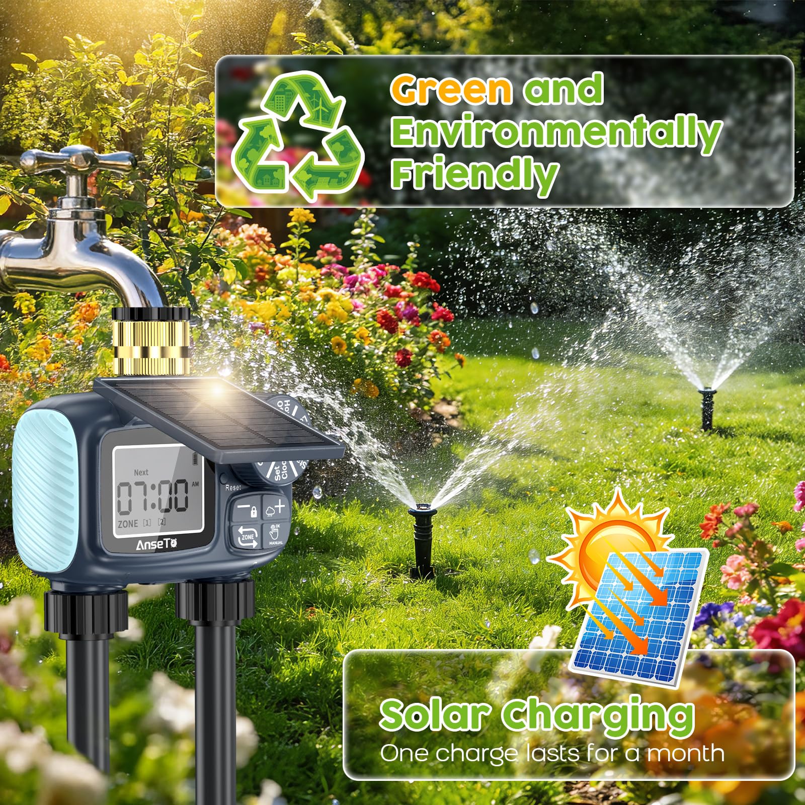 Programador de Riego Solar con 2 Salidas,Sistema de Riego Inteligente Ajustable con Carga Solar y Tipo C,Ecológico y de Bajo Consumo para Jardín,Césped y Huerto