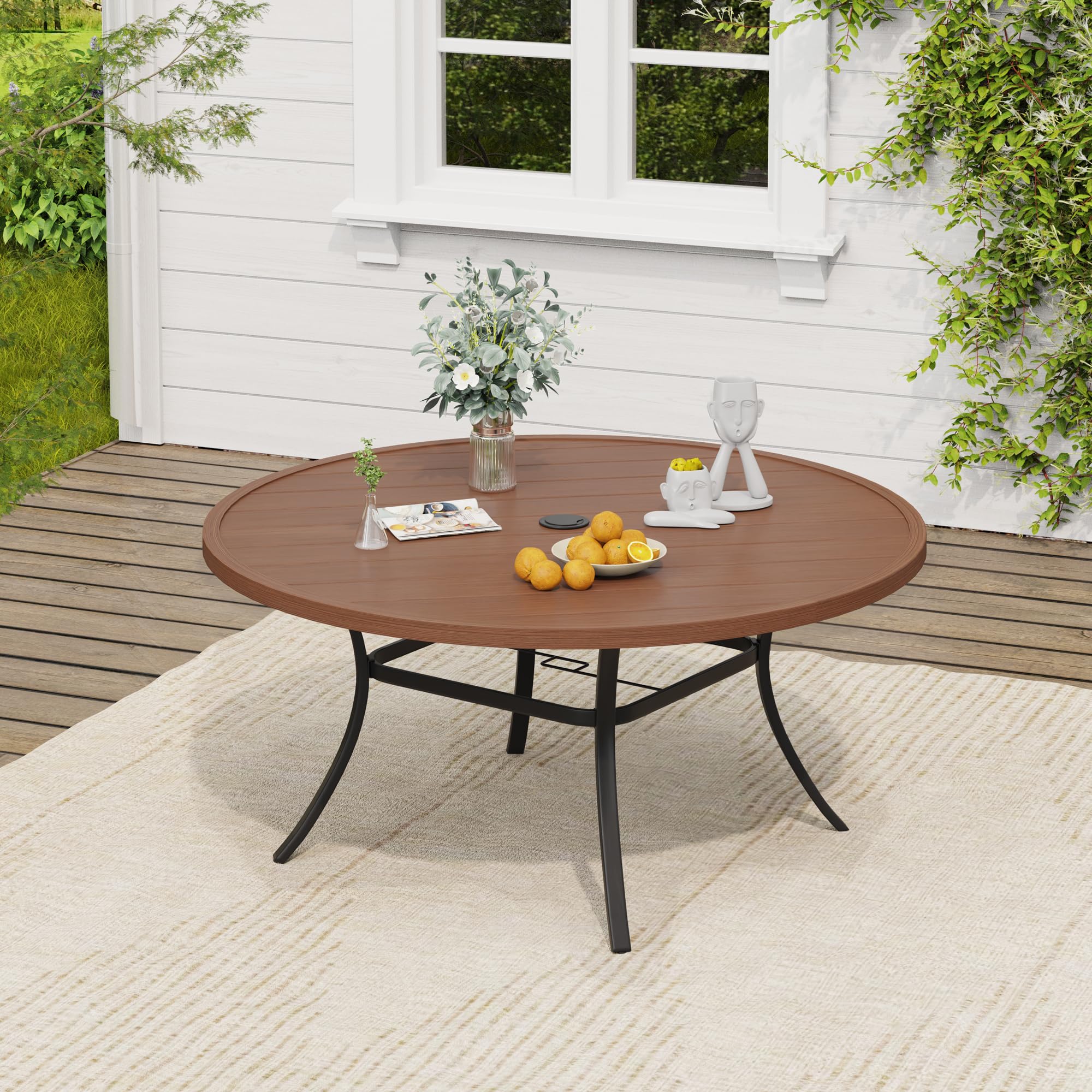 VICLLAX 53" Round Patio Table, Outdoor Dining Table for 8 with Umbrella Hole for Garden Lawn Deck Backyard, Walnut