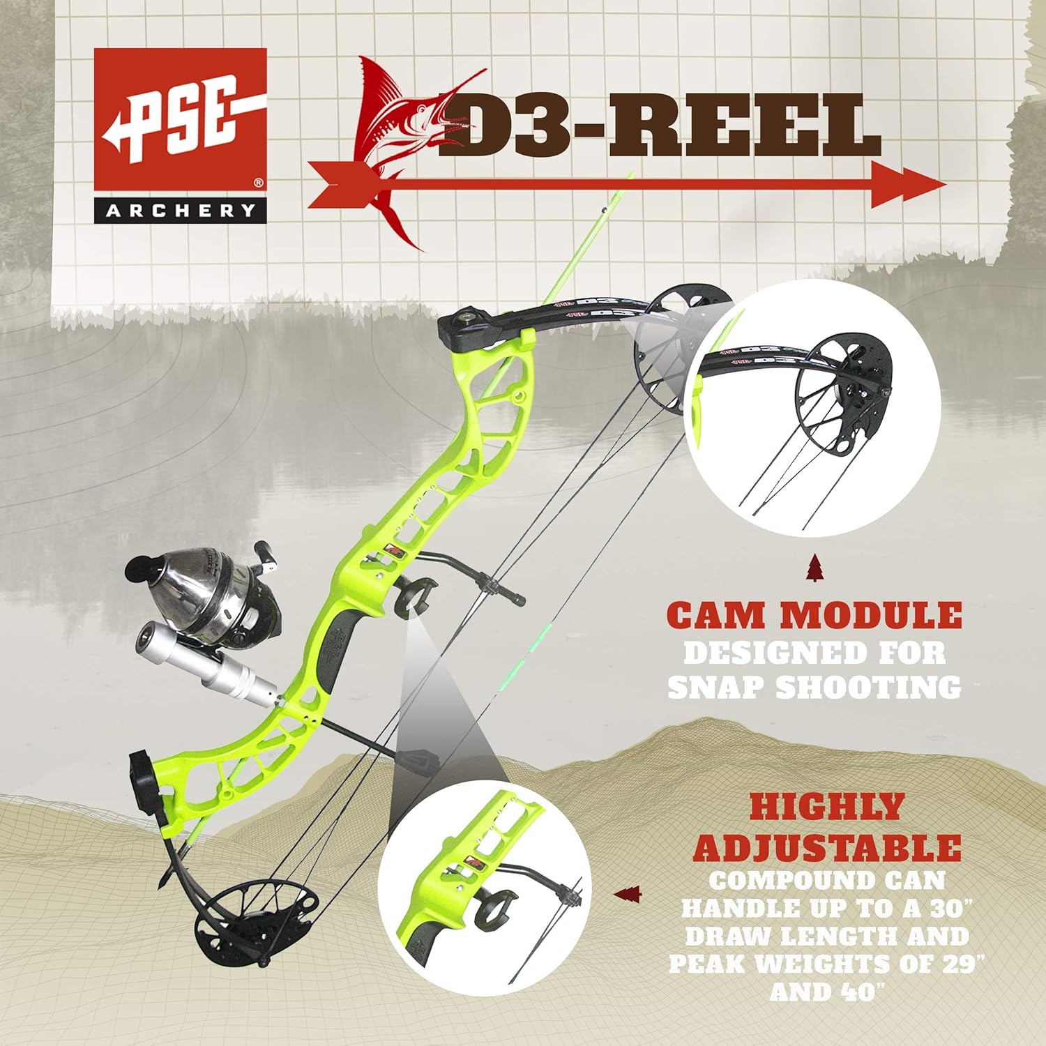 PSE ARCHERY D3 Bowfishing Compound Bow-Kit-Set-Arrow - Right Hand - Green - 30-40 : Sports & Outdoors
