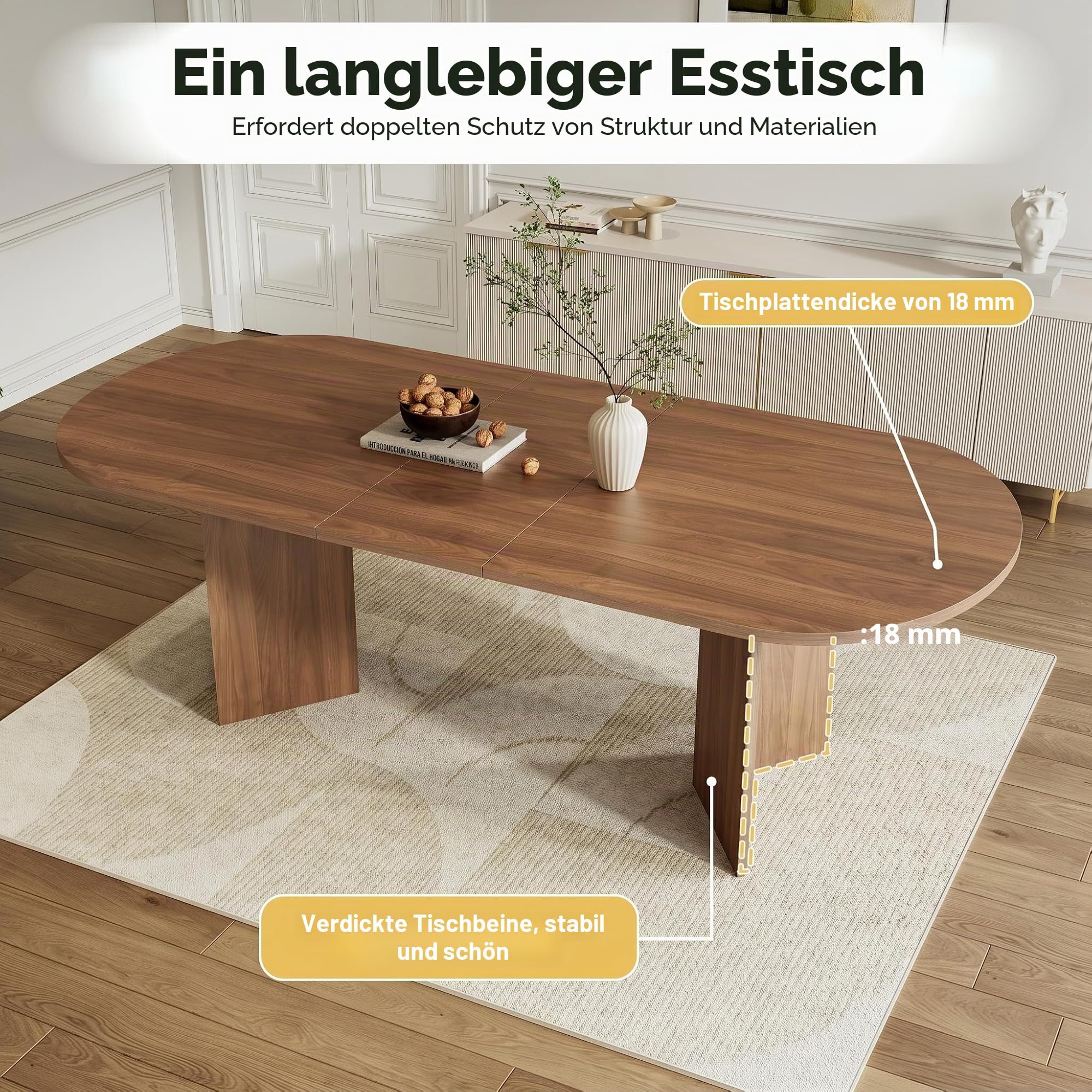 Runder Esstisch Ausziehbar 140/180x90x75cm, Ausziehbarer Esstisch Oval, Kaffee-Freizeittisch, Esszimmertisch, Küchentisch, für 6–8 Personen, für Küche, Wohnzimmer (Walnussholzfarbe, 140/180x90x75cm)