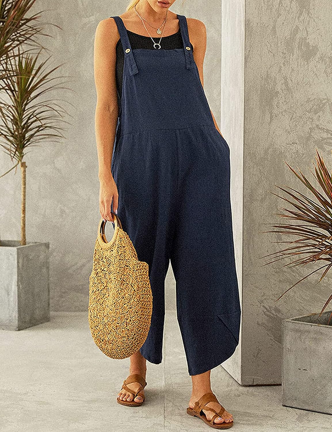 Womens Sleeveless Cotton Linen Adjustable Bib Overalls Baggy Jumpsuits Romper with Pockets Straps Jumpsuit