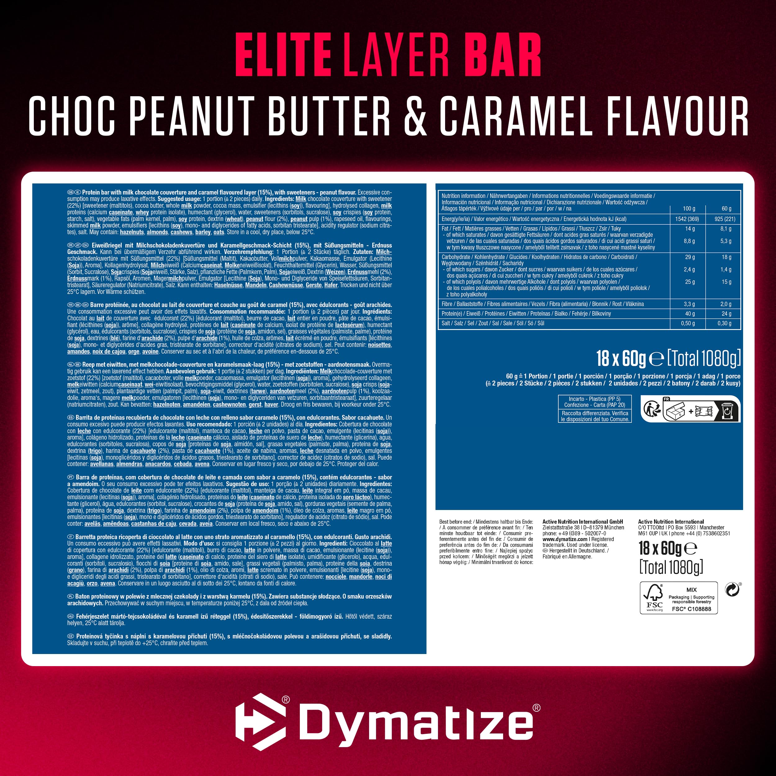 Dymatize Elite Layer Bar Peanut Butter & Caramel 18x(2x30g) - Barretta ad alto contenuto proteico e a basso di zuccheri