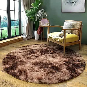 Round Fluffy Brown Tie-dye Rug - 3FT Super Soft Circular Shaggy Plush Carpet for Kids' Room