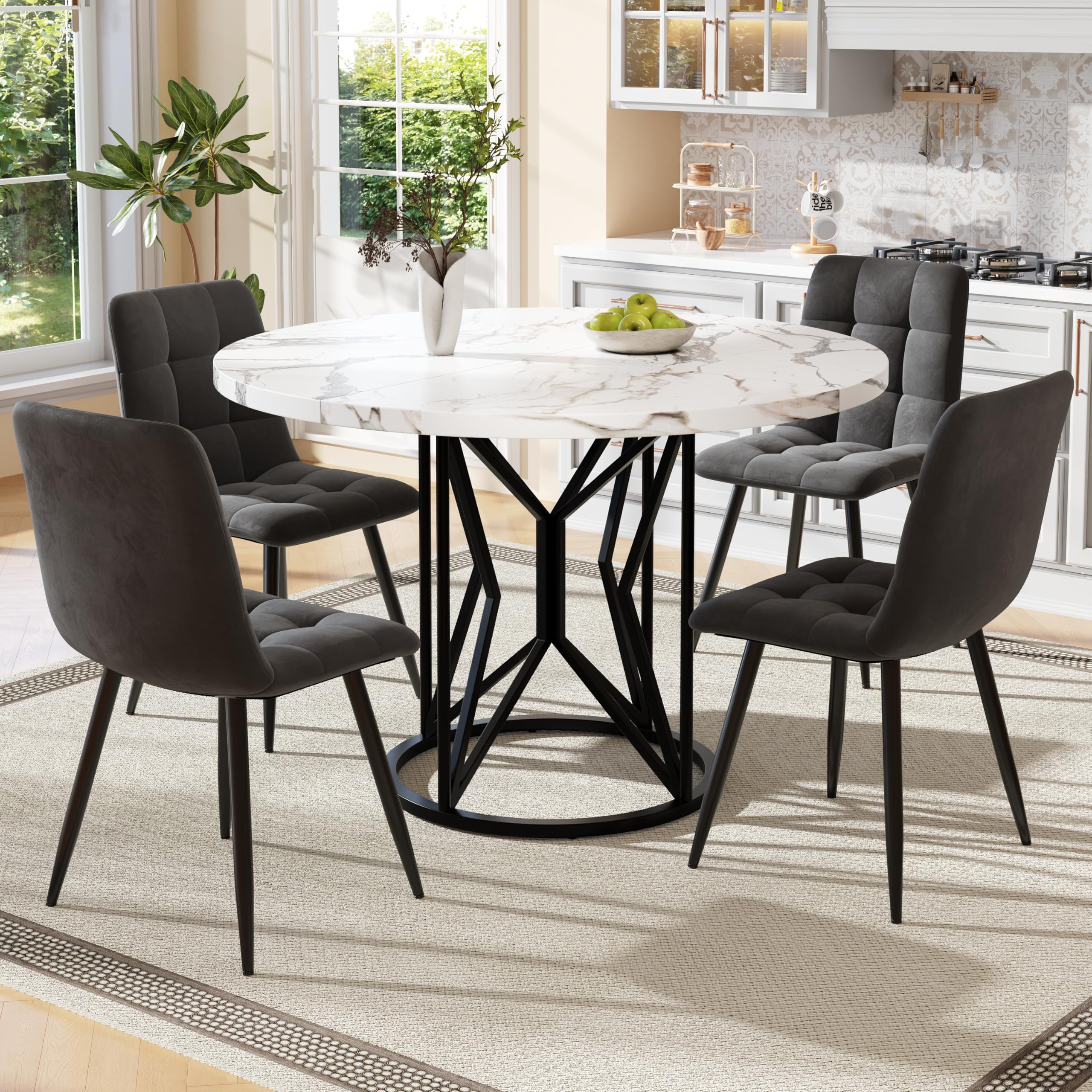 KAZZIO Juego de mesa de comedor (5 piezas), juego de mesa de comedor con 4 sillas, mesa de comedor redonda de 100 cm de diámetro, tablero DM blanco, silla de comedor de terciopelo (negro+gris-1)