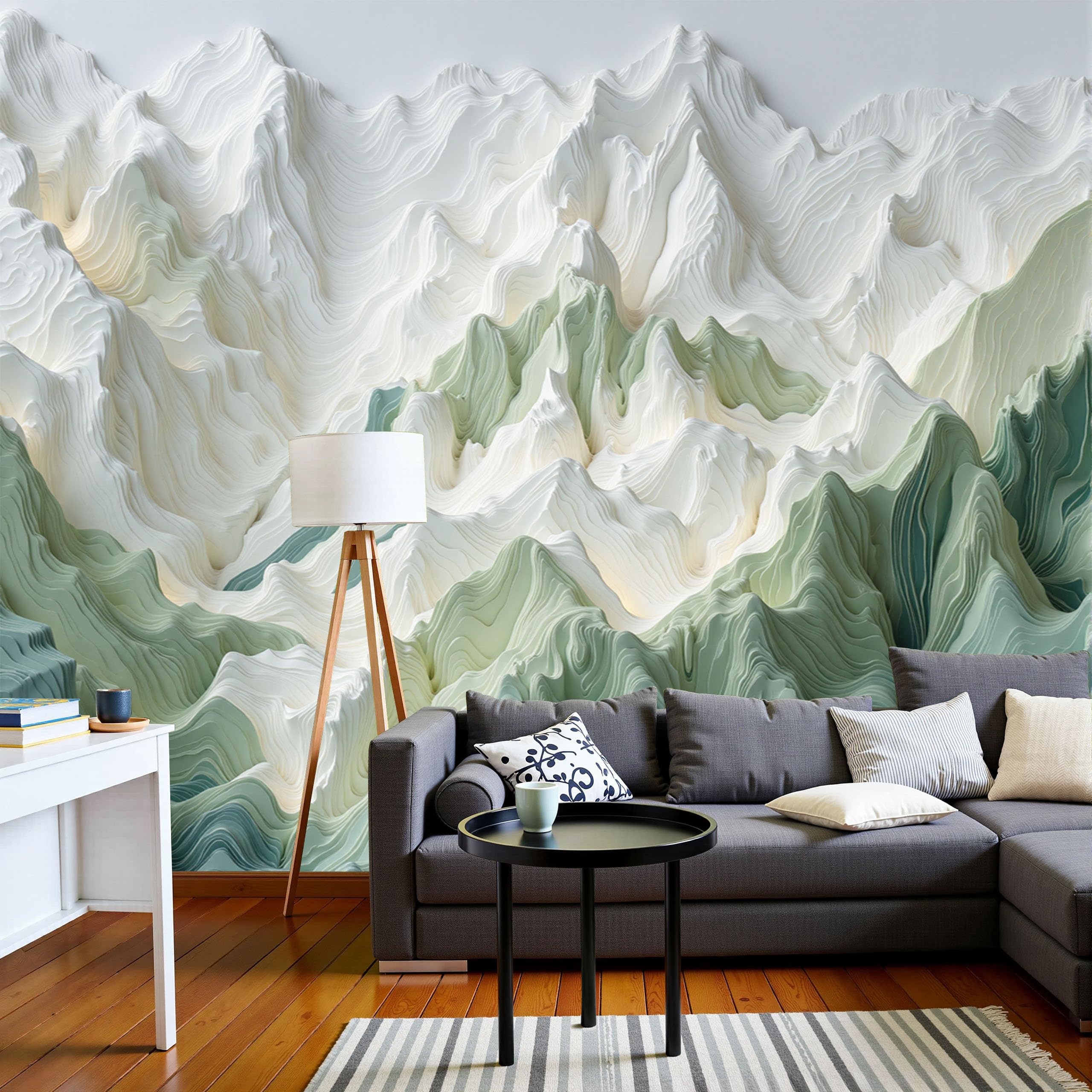 Papier peint panoramique 3D vert et blanc paysage montagneux XXL 400x280 cm pour salon et chambre