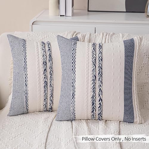 Miniatura 5 de Juego de 2 fundas de almohada decorativas de color azul marino, estilo bohemio, de 20 x 20 pulgadas, a rayas, estilo bohemio, con textura costera