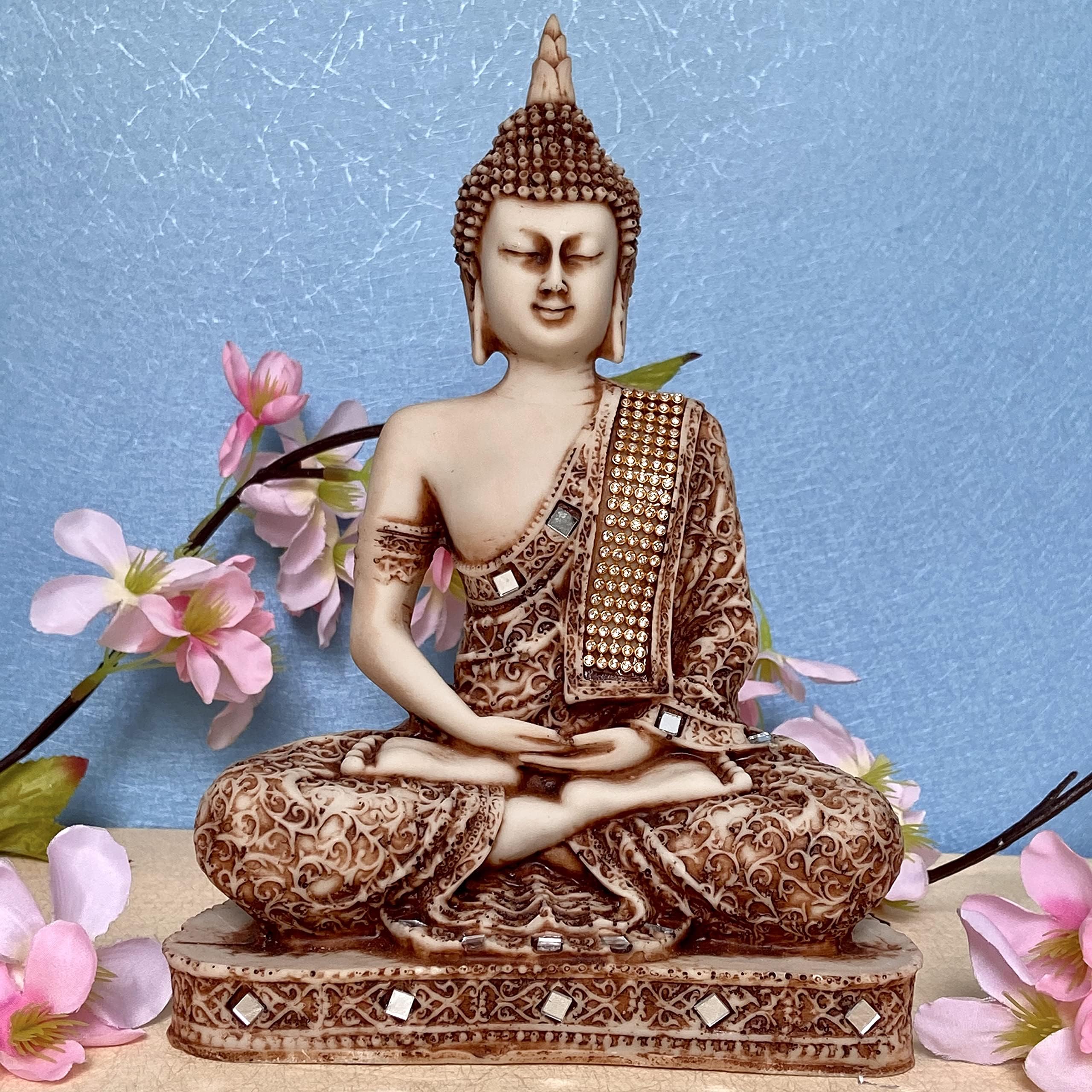 Global Grabbers New 25 Centimetre Meditating Sitting Buddha Statue showpiece Idol Home Decoration Items for Living Room Decor and Gifts (Stone)