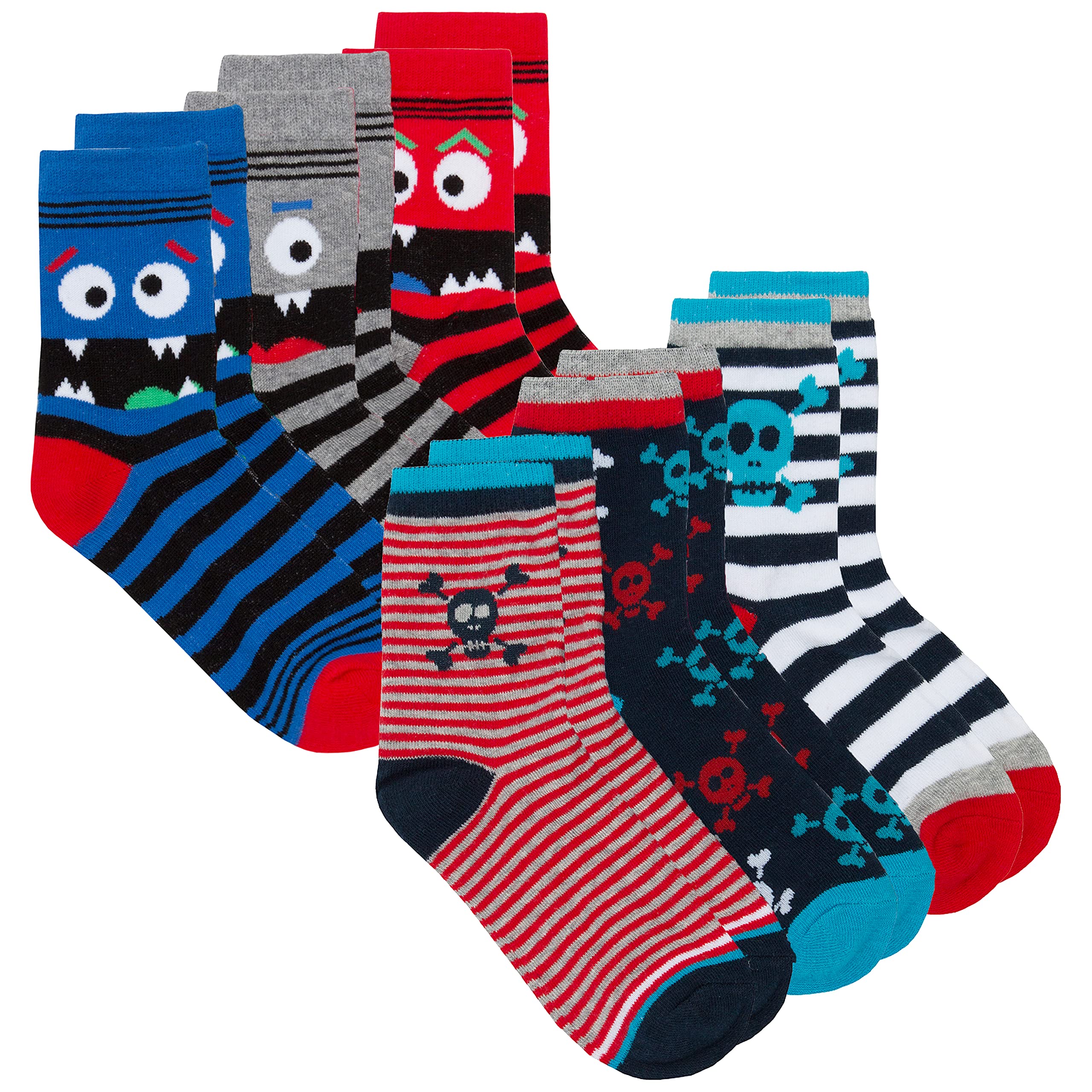 Metzuyan Kids Boys 6 Pairs Crew Socks Cotton Rich Novelty Cartoon Print Mid Calf Sock Faces Skull 6-8.5