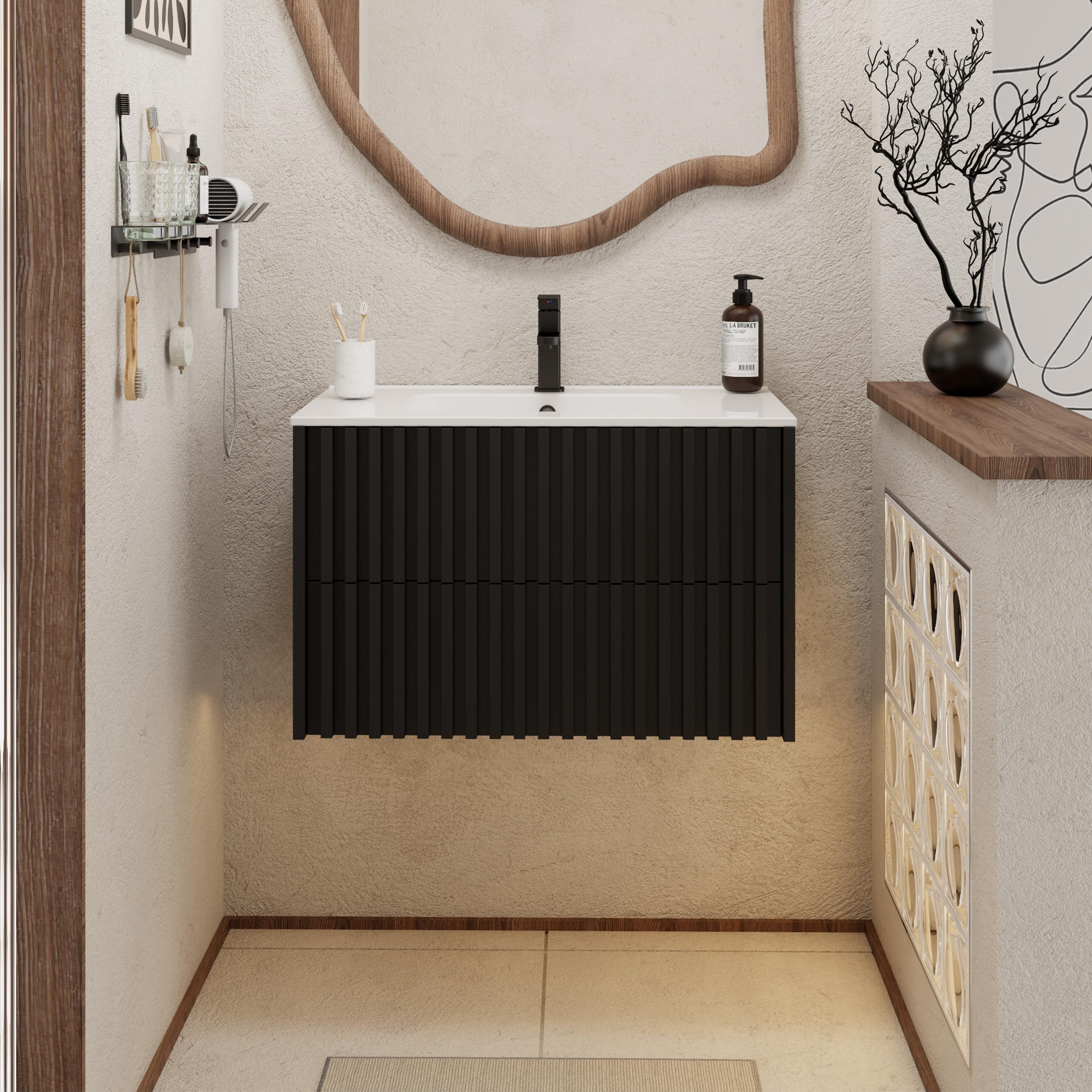 UEV Waschtisch mit Unterschrank, Waschbeckenunterschrank 80cm hängend, Waschplatz, Keramik Waschbecken, Badezimmmer Möbel für Gäste WC, Badmöbel Set, Schwarz