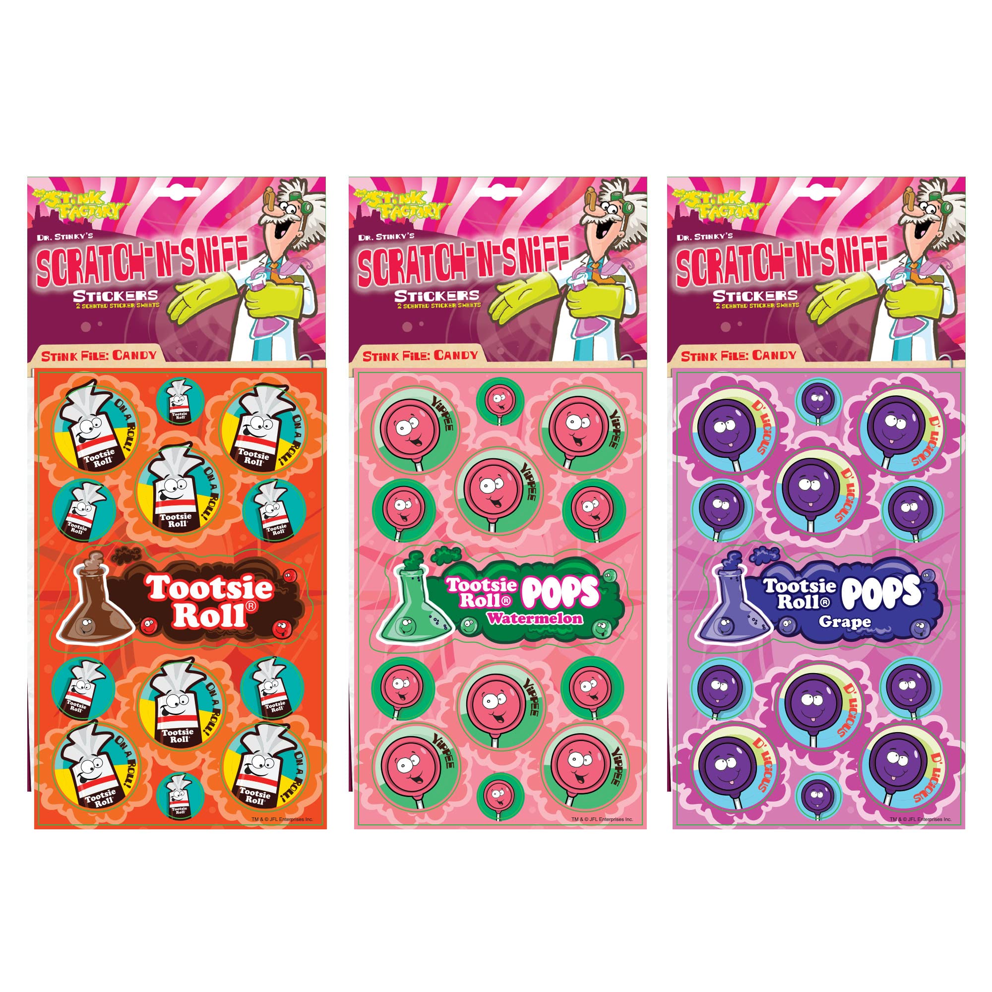 Just For Laughs Dr. Stinky's Scratch N Sniff Stickers 3-Pack- Tootsie Roll Pops Watermelon, Grape, Roll