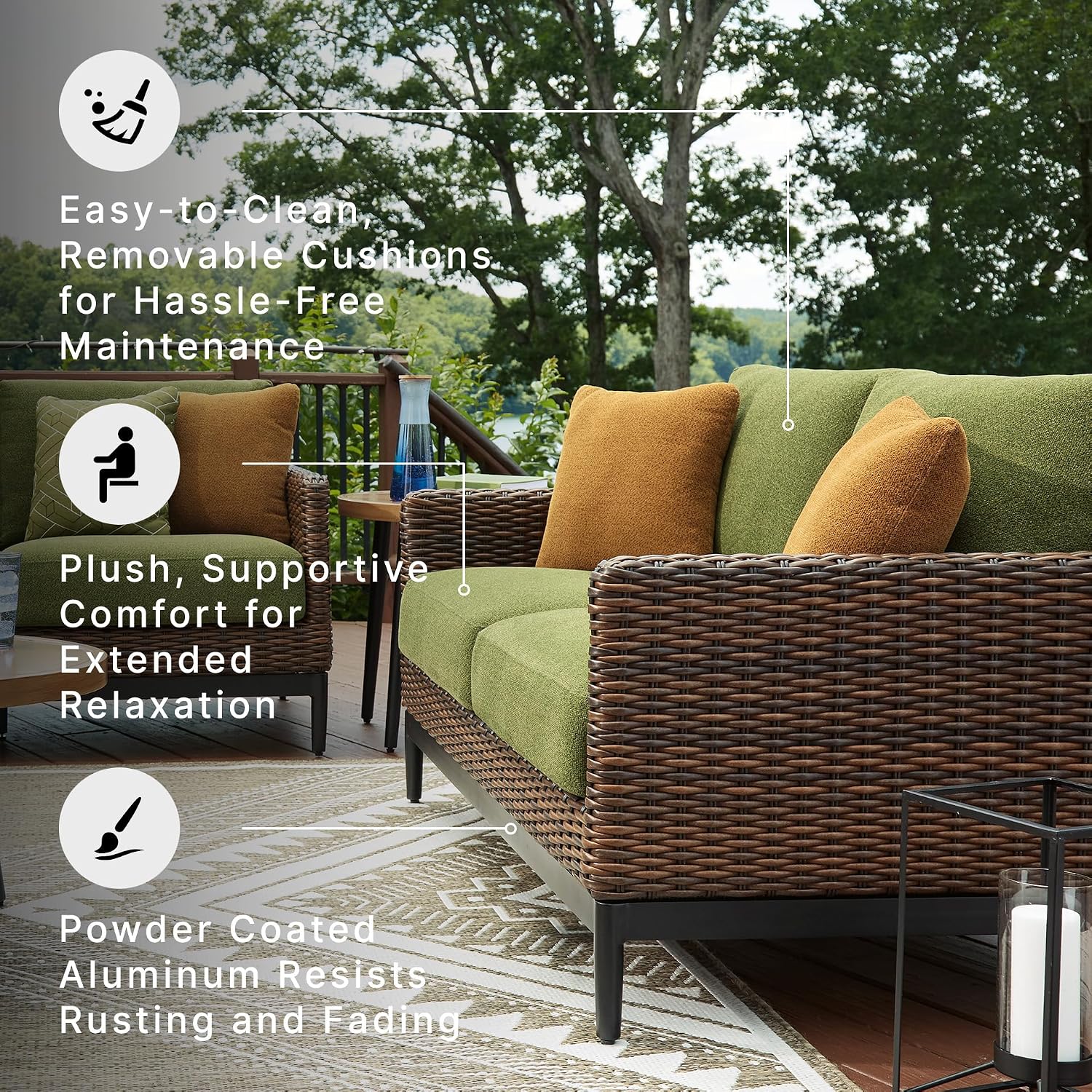 Signature Design by Ashley Horizon Hall Casual Outdoor Loveseat with Cushion, UV-Resistant Nuvella Fabric, Resin Wicker & Aluminum Frame, Ideal for Deck or Lanai Furniture, Green & Dark Brown