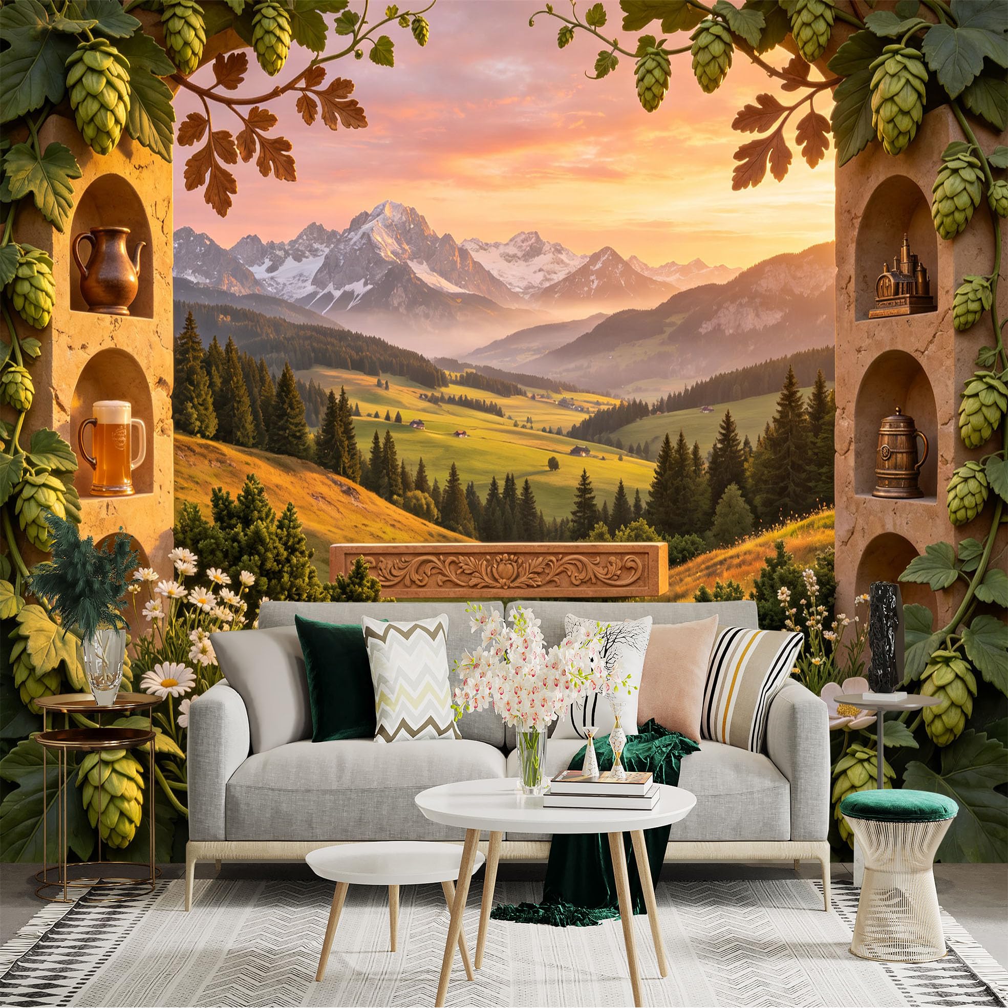 Lnzczhyre Bh260719560 Custom Size Wall Sticker Mural， Alpine Meadow View， Snowy Mountain Peaks， Sunset Landscape， Rustic Hops And Flowers， For Wall Decoration， Peelandstick Wall Decals.