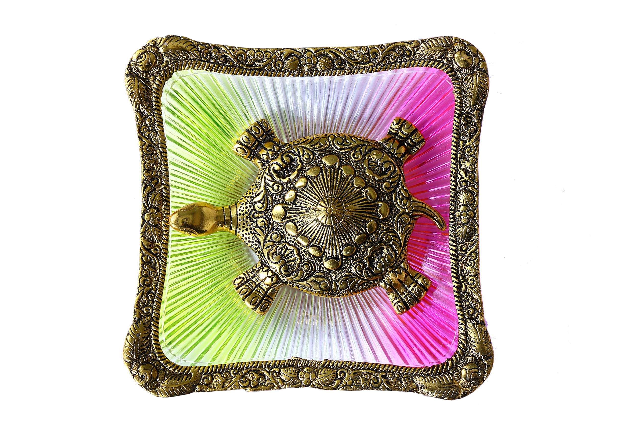 Trendy Crafts Metal Feng Shui Tortoise On Plate Showpiece for Good Luck Wealth Prosperity