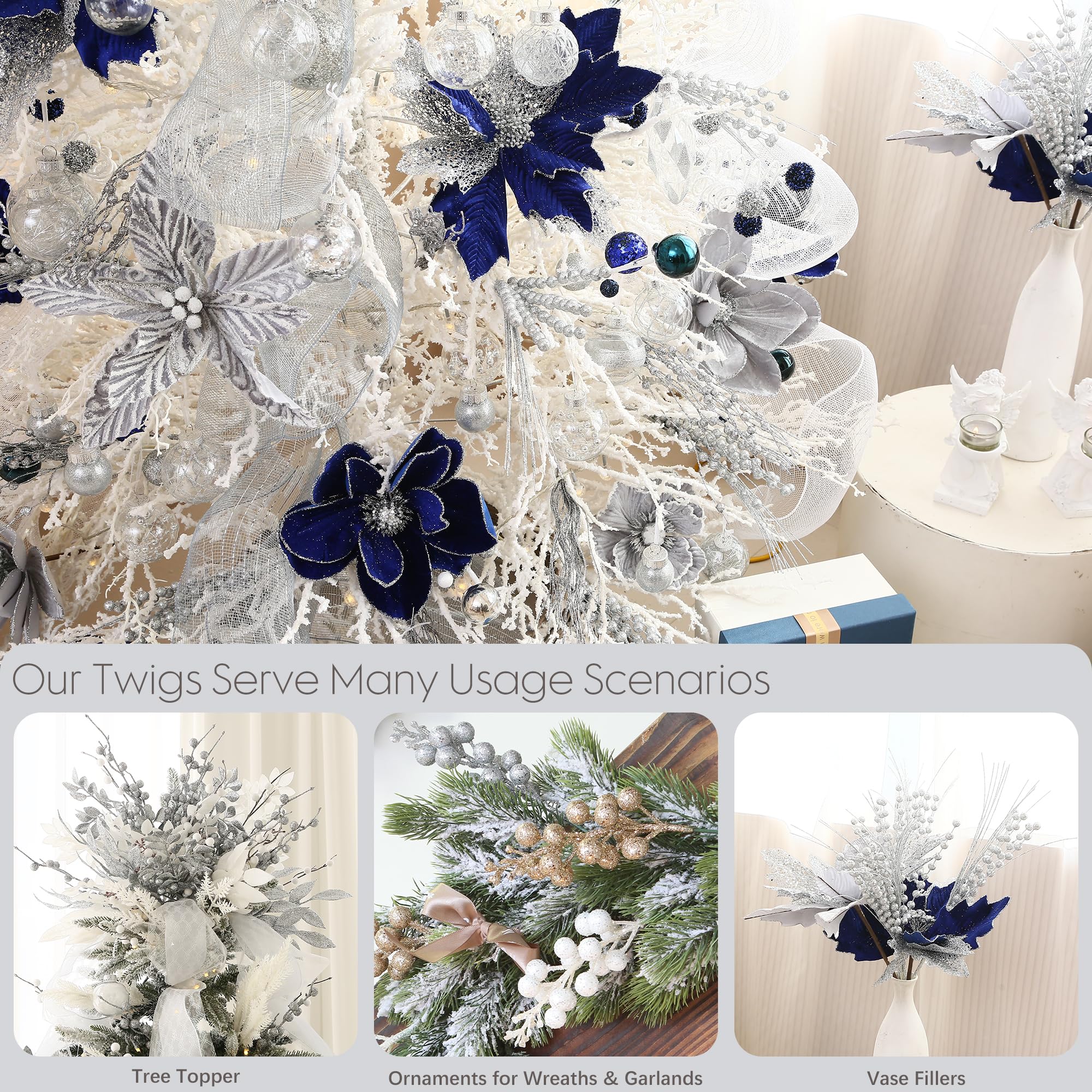 Sea Team 12-Pack Artificial Glitter Berry Stem Ornaments, Decorative Bead Sticks, Glittery Twigs, Picks, Branches for Christmas Tree, Small Vase, Holiday, Wedding, Party (17 Inches, Silver) - Image 3