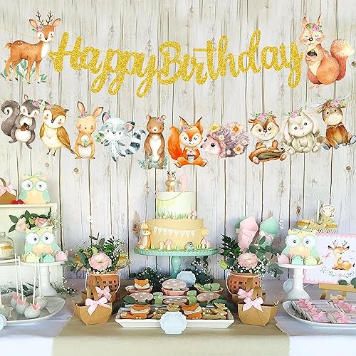 Miniatura 6 de Cartel de feliz cumpleaños de animales del bosque, decoraciones de criaturas del bosque, 2 piezas de pancartas recortadas de animales del bosque