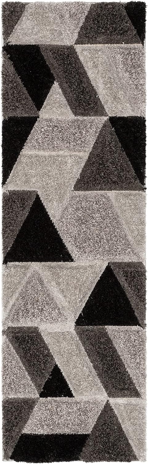 Well Woven Loecke Black Triangle Boxes Geometric Thick Soft Plush 3D Textured Shag Runner Rug 2x7 (2'3" x 7'3")