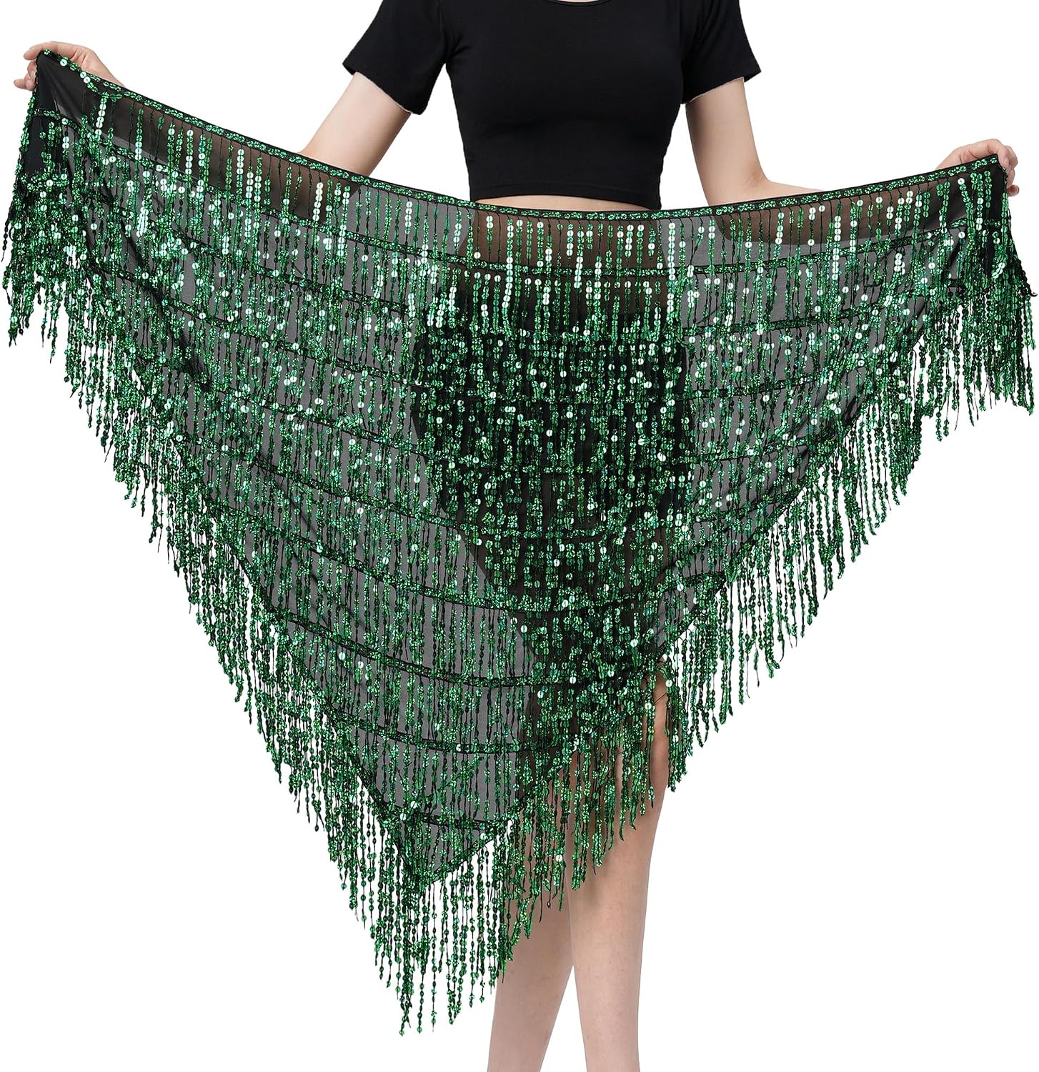 MUNAFIE Hip Scarf for Belly Dance Folk Dance Halloween Costume Tribal Dance Skirt with Sequin Tassel