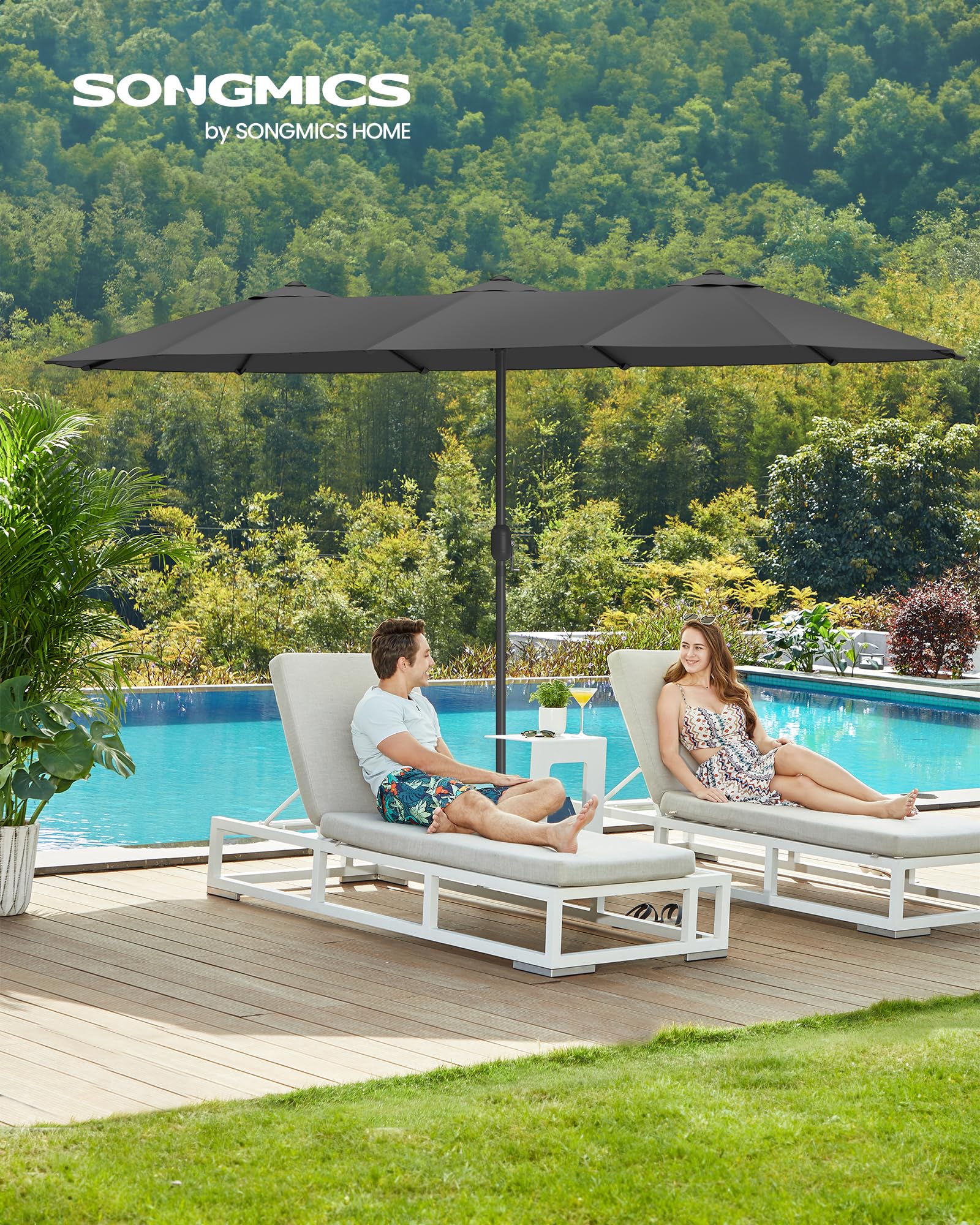 SONGMICS Doppelsonnenschirm 394 x 200 cm, extra großer Sonnenschirm, Gartenschirm, UV-Schutz bis UPF 50+, Terrassenschirm, mit Kurbel, Garten, Balkon, Outdoor, ohne Ständer, schiefergrau GPU037G01
