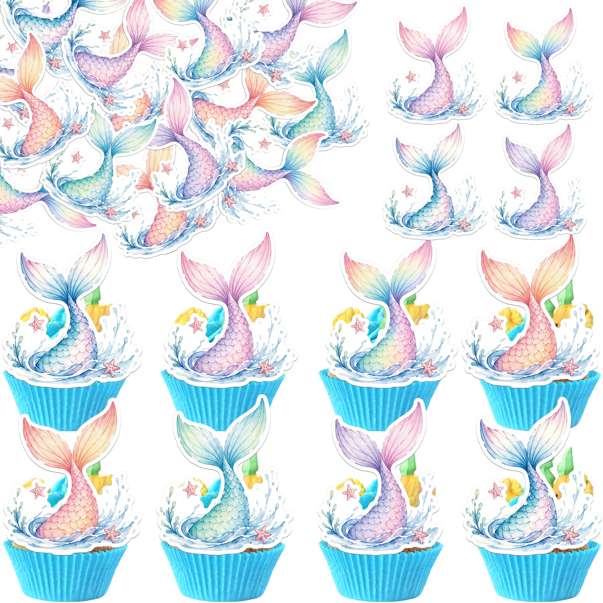 Xsstarmi 60 Pack Edible Mermaid Cupcake Toppers Rice Paper Mermaid Tail Stars Waves Cupcake Picks for Under the Sea Theme Baby Shower Wedding Birthday Party Cake Decorations Supplies