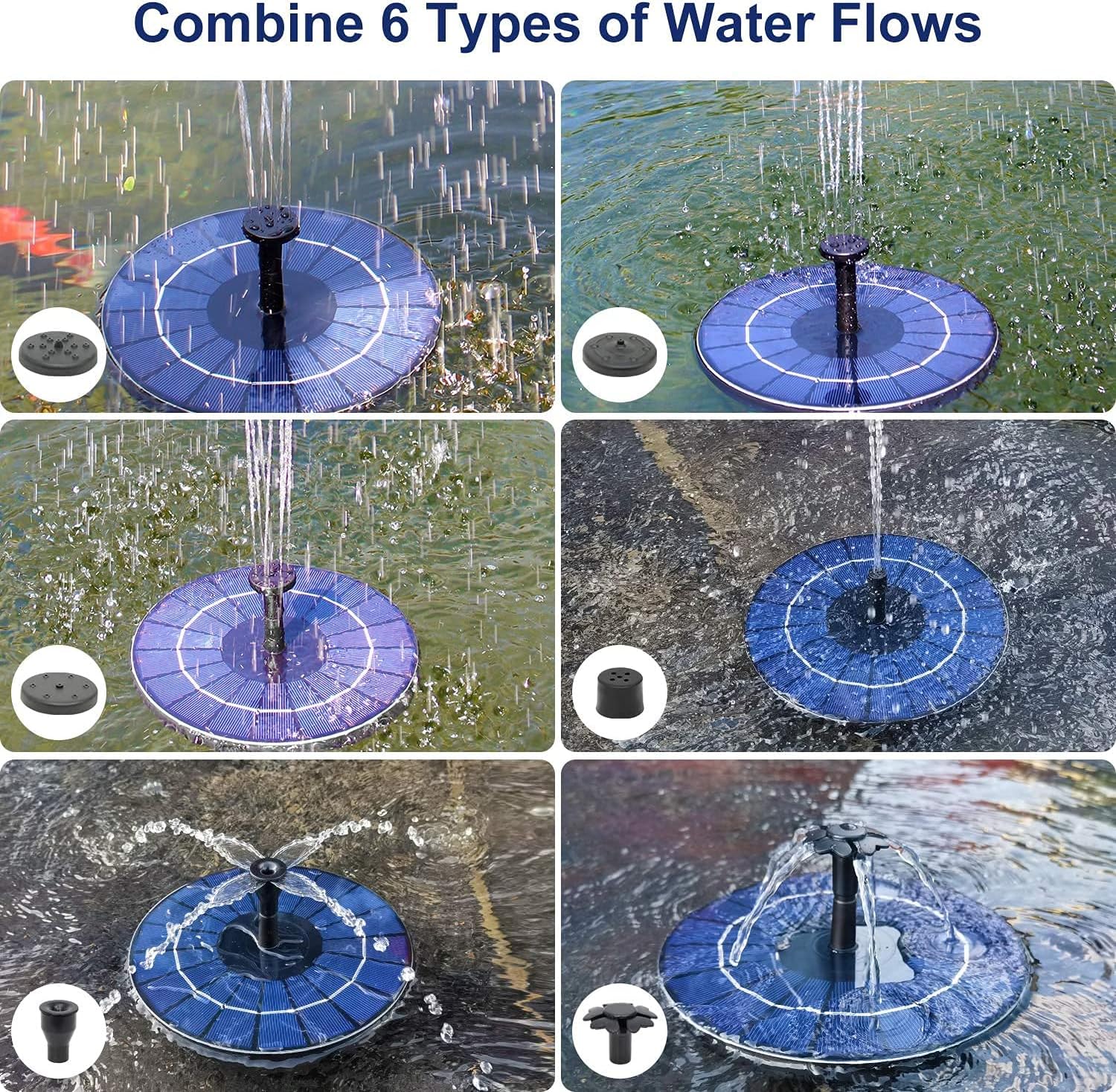 Solar Fountain Pump Bird Bath Fountain 3.5W Solar Panel Water Fountain Outdoor with 6 Nozzle 1500mAh Battery for Garden Decoration, Pond, Fish Tank, Patio and Lawn