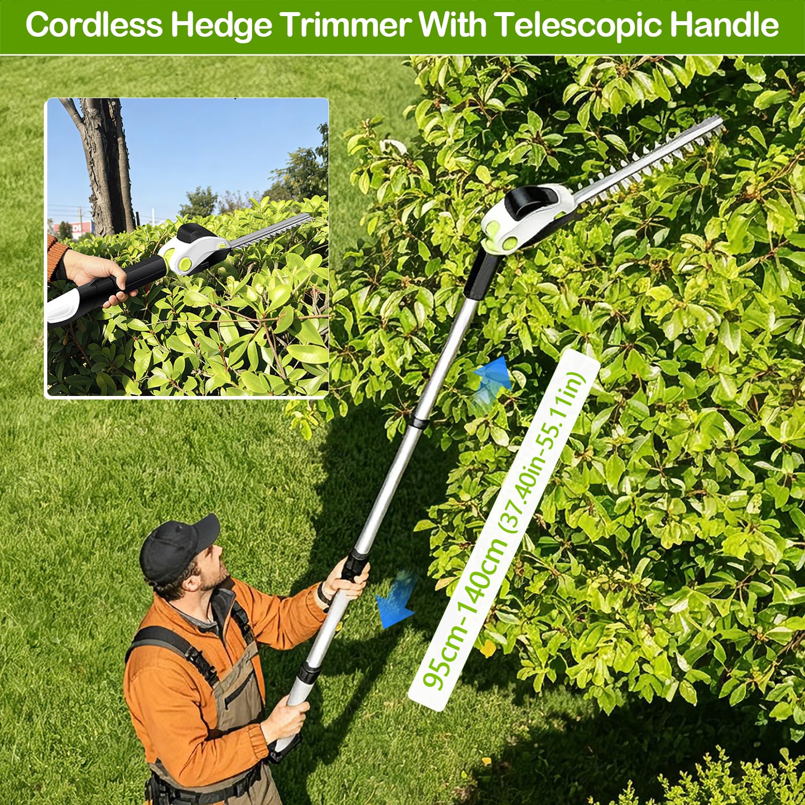 2 in 1 Grasschere und Heckenschere, Akku Heckenschere mit Teleskopstiel, Akku Strauchere und Grasschere Ideal für Kompakte Gartenarbeiten, Inklusive Akku & Ladegerät