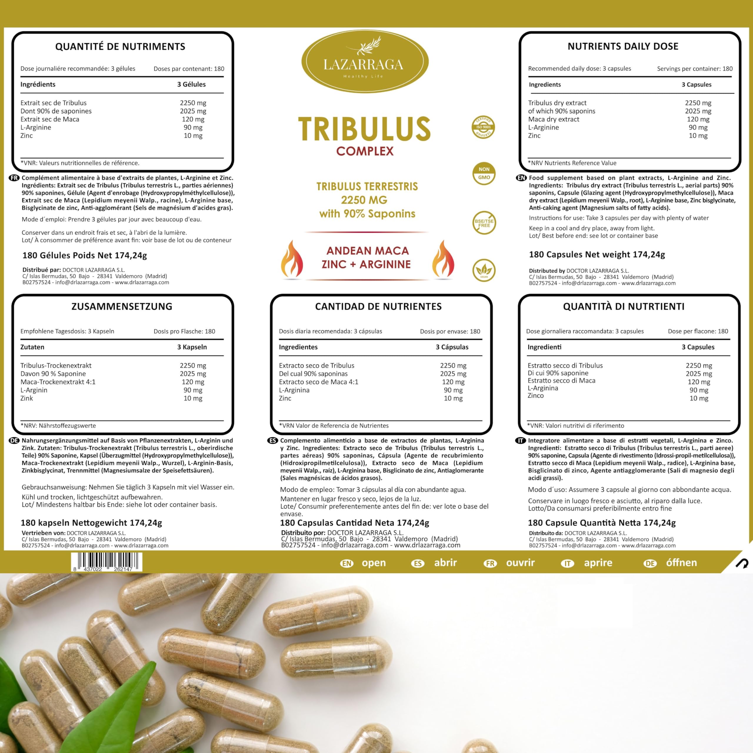 LAZARRAGA - Tribulus Terrestris 2250mg + Maca Peruviana + Arginina + Zinco integratore | 180 Capsules, Multivitaminico Uomo | Vitamine Uomo - 180 Capsule Vegane