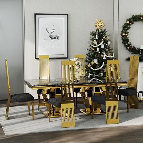 Miniatura 3 de Juego de 2 sillas de comedor, sillas de comedor negras y doradas, sillas de comedor tapizadas con patas de metal pulido y respaldo alto