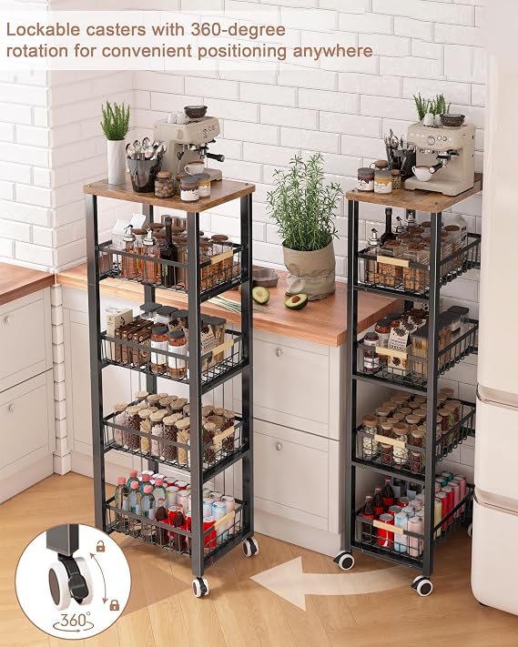 5-tier Vegetable Rack with Wooden Top for Kitchen Storage（Black