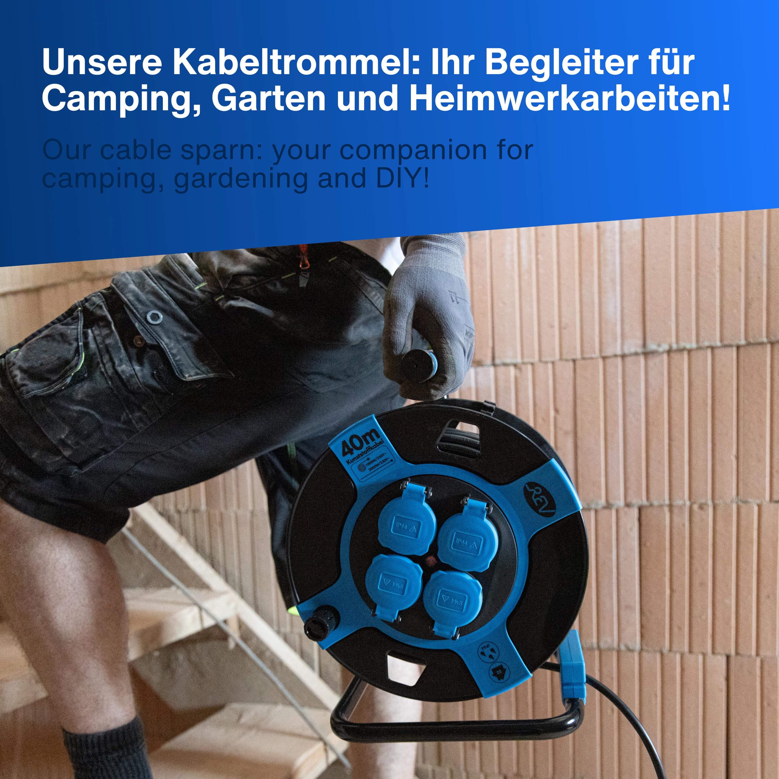 REV Kabeltrommel 50m Outdoor IP44 4 Schutzkontaktsteckdosen blau