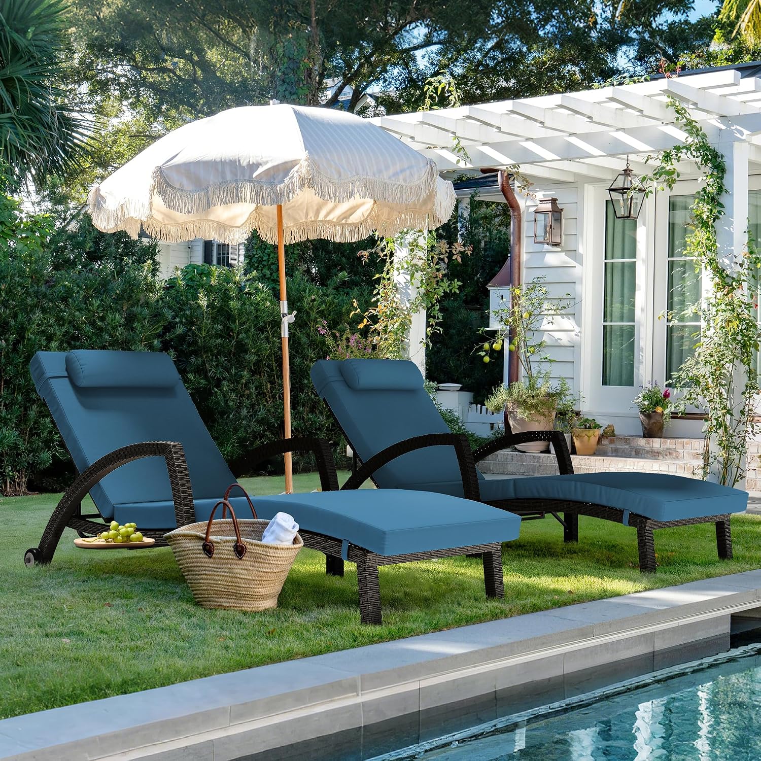 Outdoor Chaise Lounge Chairs Set of 2, 5 Position Adjustable Wicker Patio Pool Lounge Chair with Cushion, Pillow, Side Tray and Rubber Wheels for Backyard Deck Porch Outside (Peacock Blue)