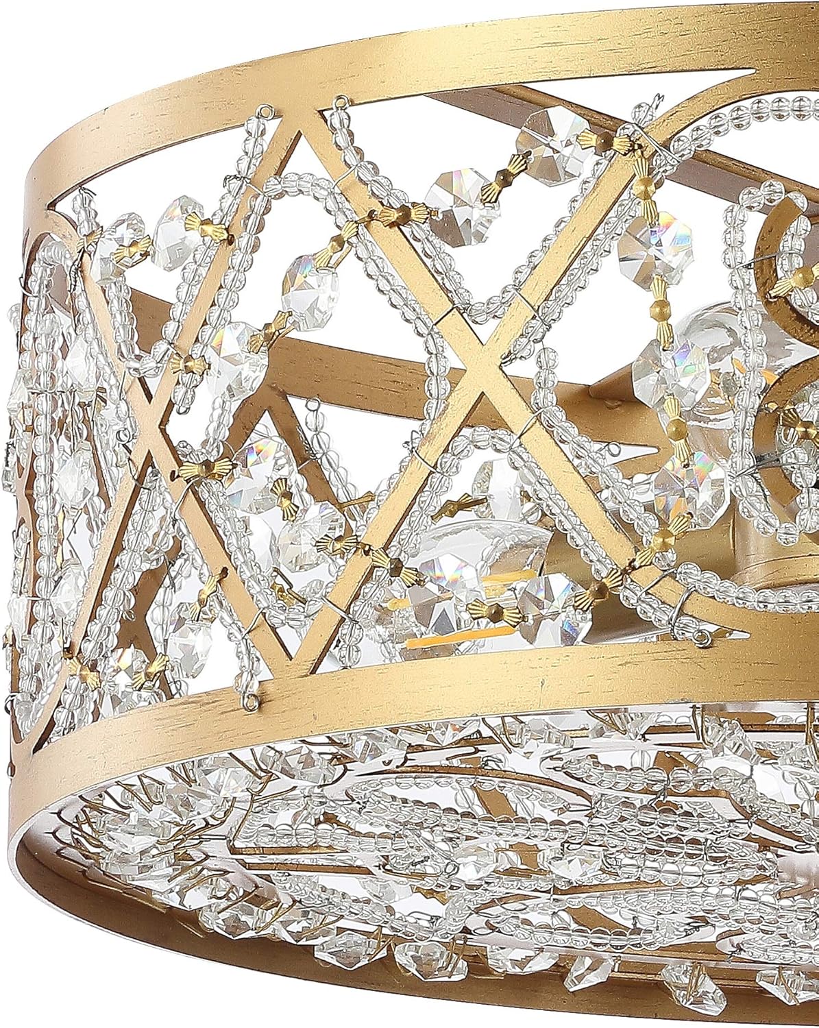 JONATHAN Y 13.25" Antiqued Gold 3-Light Iron and Crystal Semi-Flush Mount, Modern Glam Filigree Drum Shade for Bedroom Hallway Bathroom, UL Listed, LED Bulbs Included JYL9071A