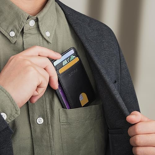 Miniatura 103 de Buffway - Billetera delgada minimalista de cuero con protección RFID para hombre y mujer