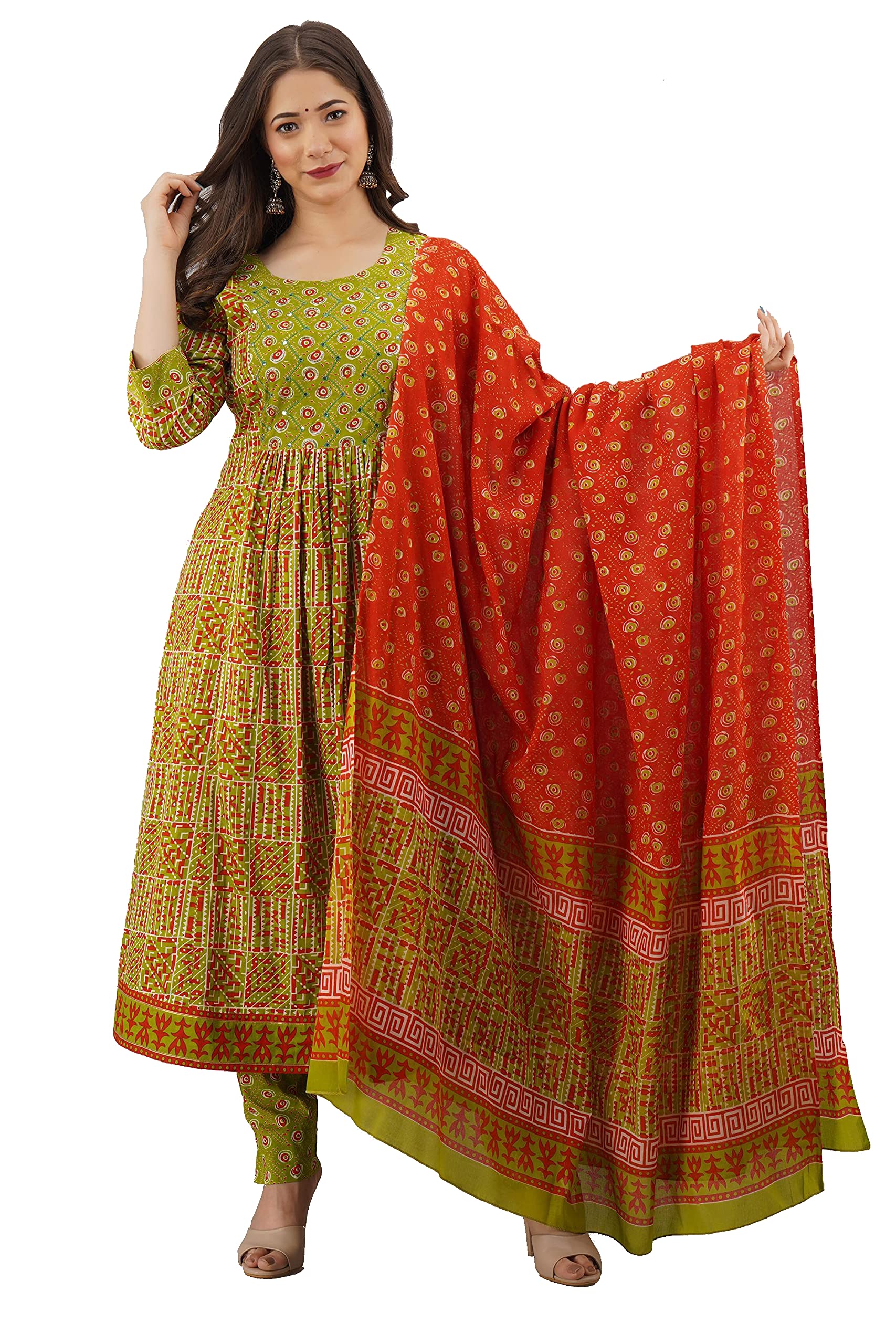 Myaza Women's Cotton Kurta with Pants and Dupatta Set