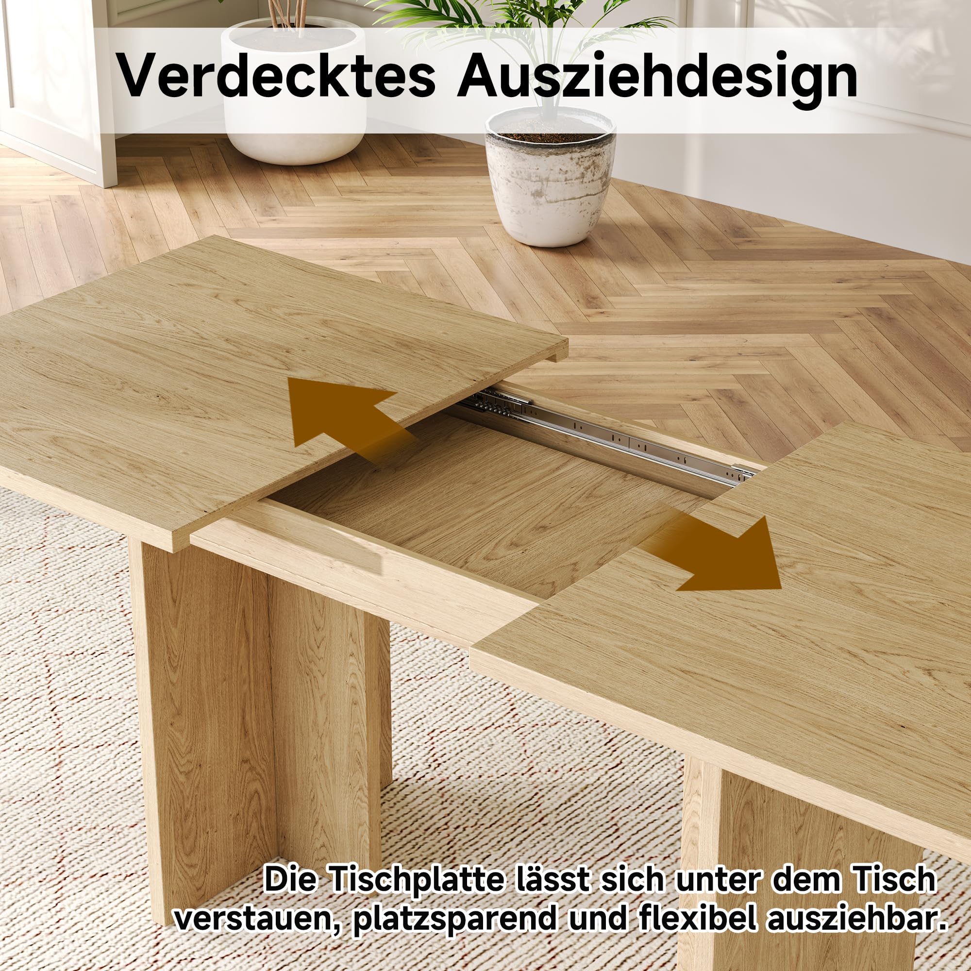 VIVCA Tavolo da pranzo allungabile 140/180 cm per 6-8 persone rettangolare piano in rovere spesso, stile moderno, perfetto per sala da pranzo, cucina, soggiorno, design salvaspazio